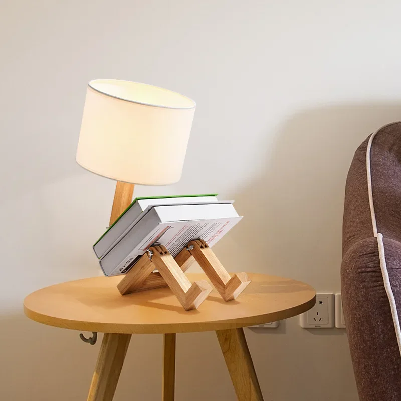 Adjustable Wooden Robot Table Lamp E27 Bedside Light with - Image 6