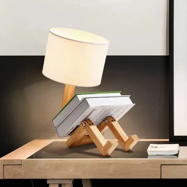 Adjustable Wooden Robot Table Lamp E27 Bedside Light with - Image 7