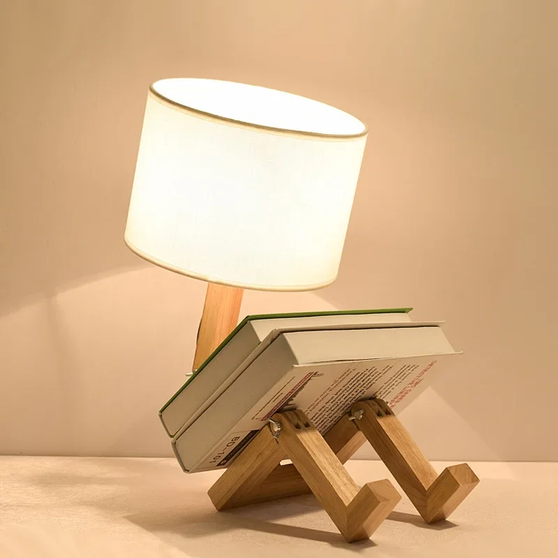 Adjustable Wooden Robot Table Lamp E27 Bedside Light with - Image 8