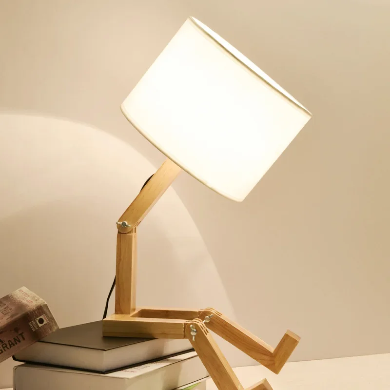 Adjustable Wooden Robot Table Lamp E27 Bedside Light with - Image 9