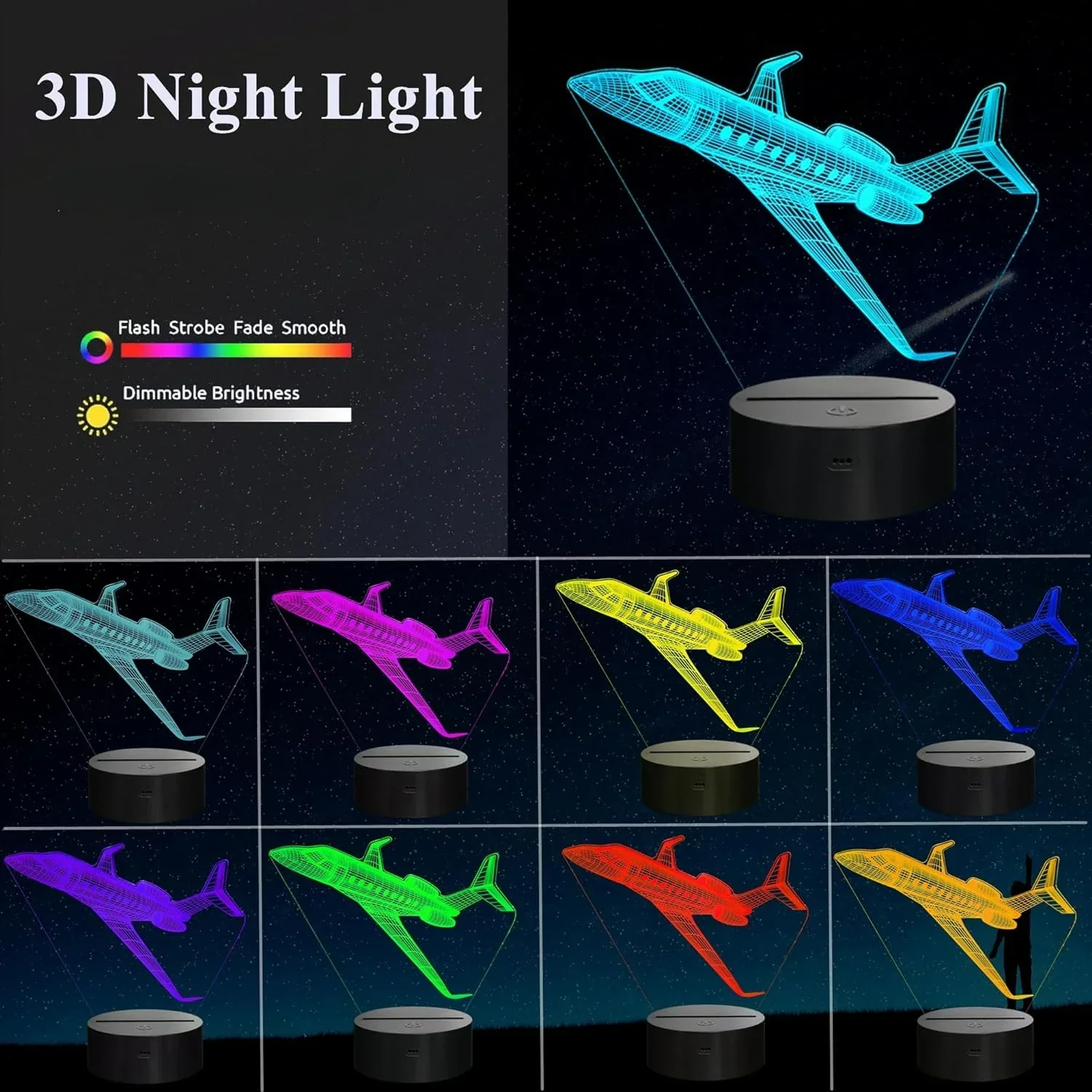 Airplane 3D LED Night Light Kids Bedroom Illusion Lamp USB Bedside Table Decor - Image 5