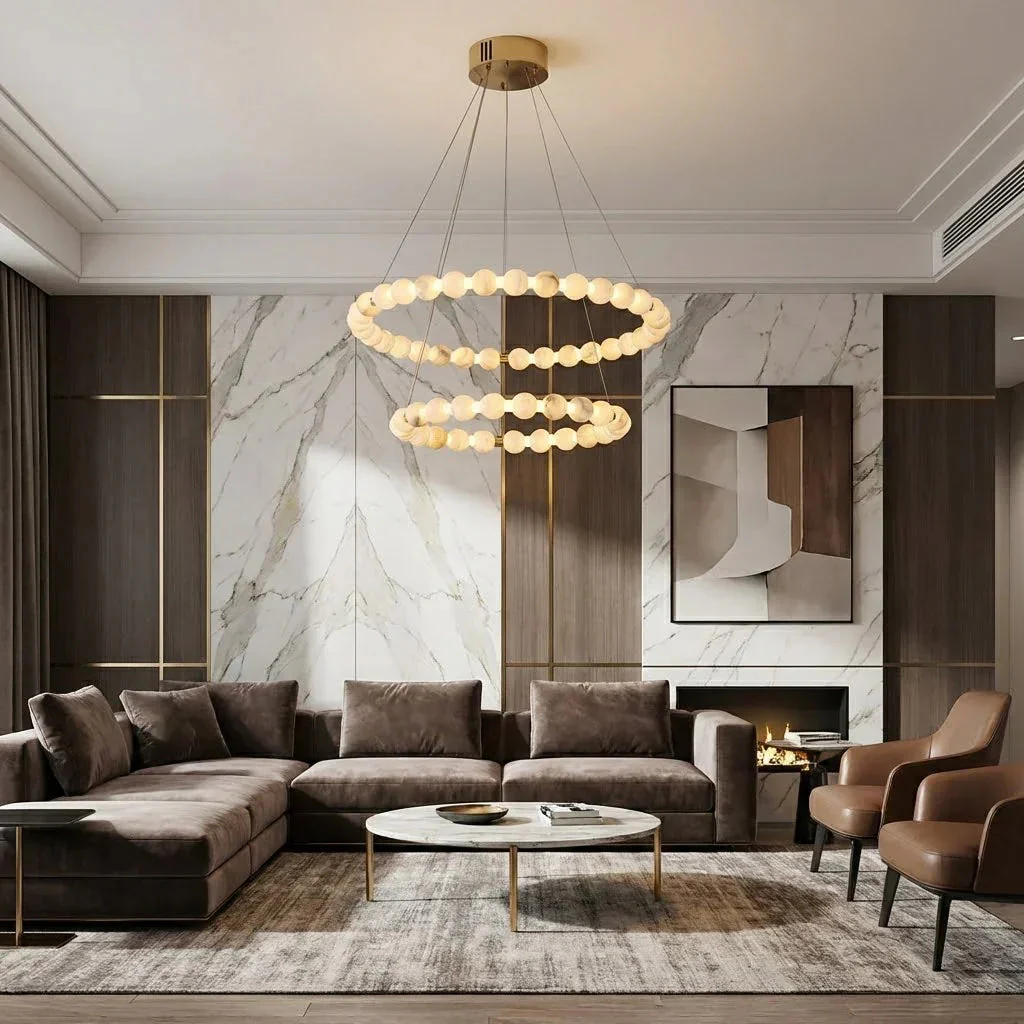 Alabaster Ring Chandelier – Gold Beaded LED Luxury Ceiling Light - Image 10