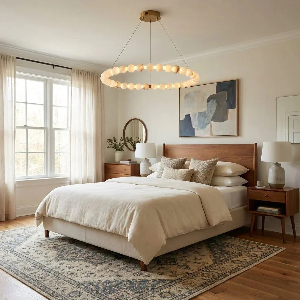 Alabaster Ring Chandelier – Gold Beaded LED Luxury Ceiling Light - Image 12