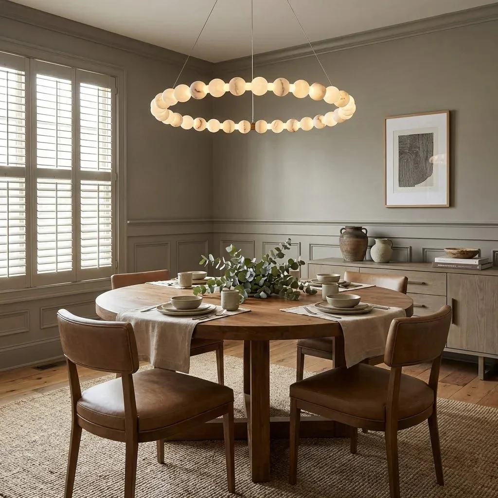 Alabaster Ring Chandelier – Gold Beaded LED Luxury Ceiling Light - Image 3