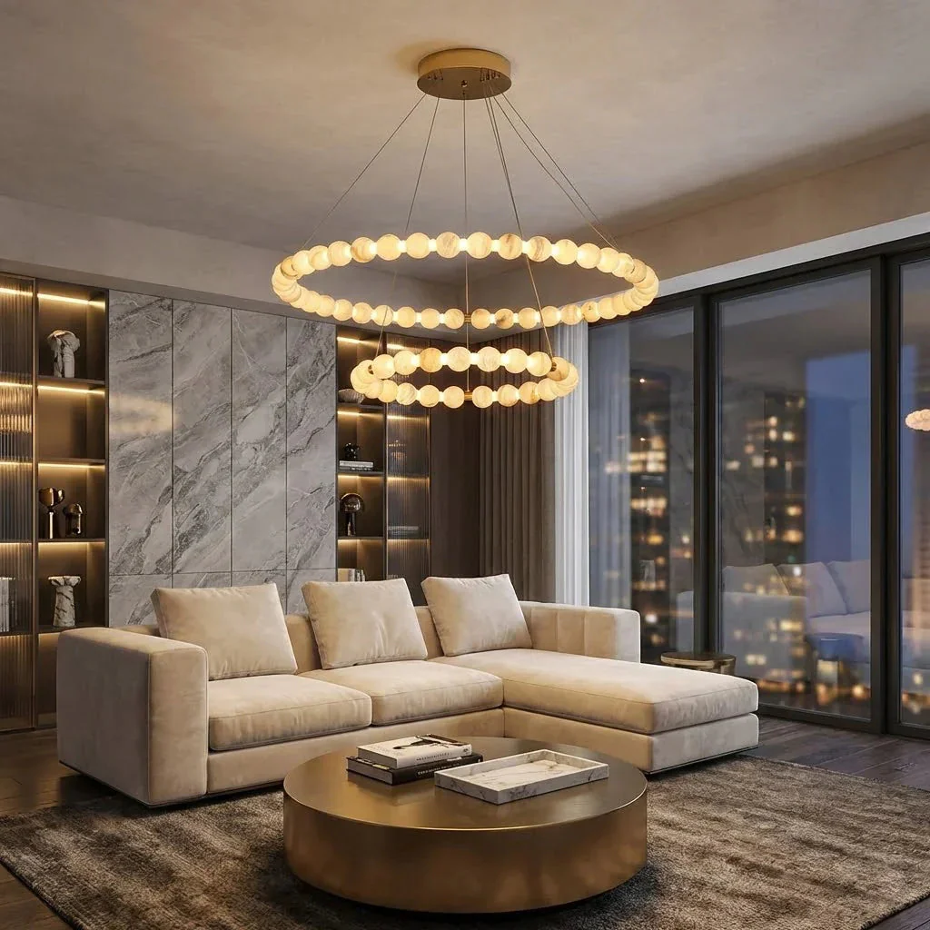 Alabaster Ring Chandelier – Gold Beaded LED Luxury Ceiling Light - Image 4