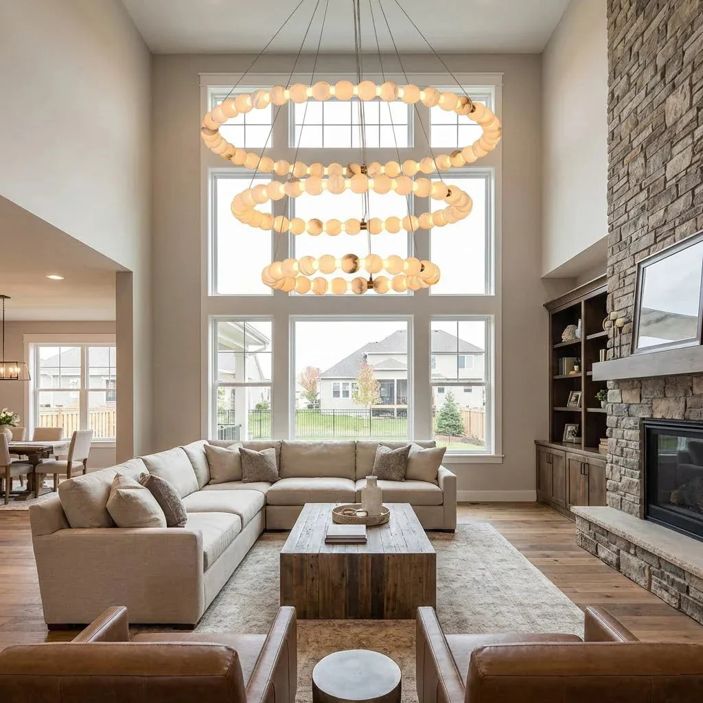 Alabaster Ring Chandelier – Gold Beaded LED Luxury Ceiling Light - Image 5