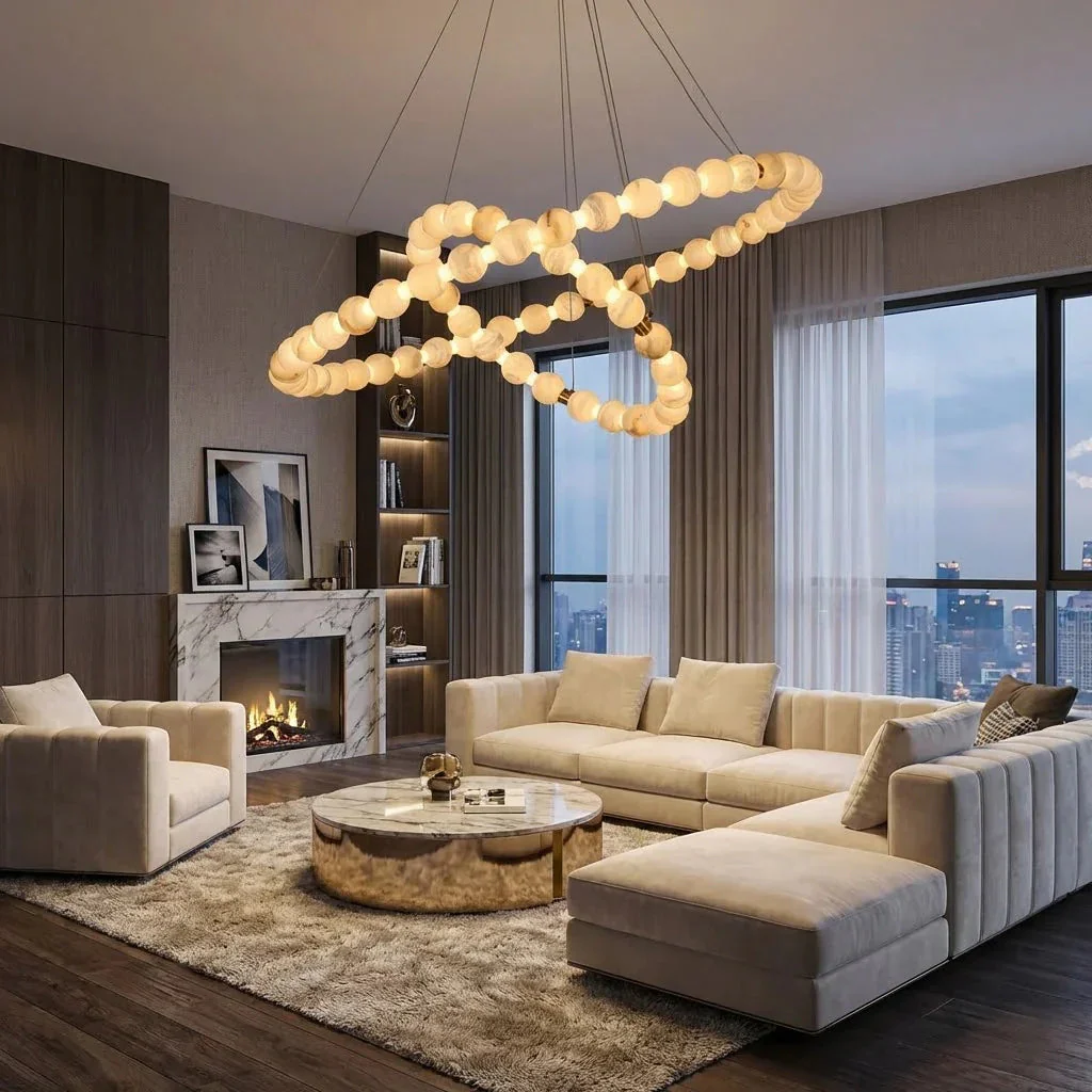 Alabaster Ring Chandelier – Gold Beaded LED Luxury Ceiling Light - Image 6