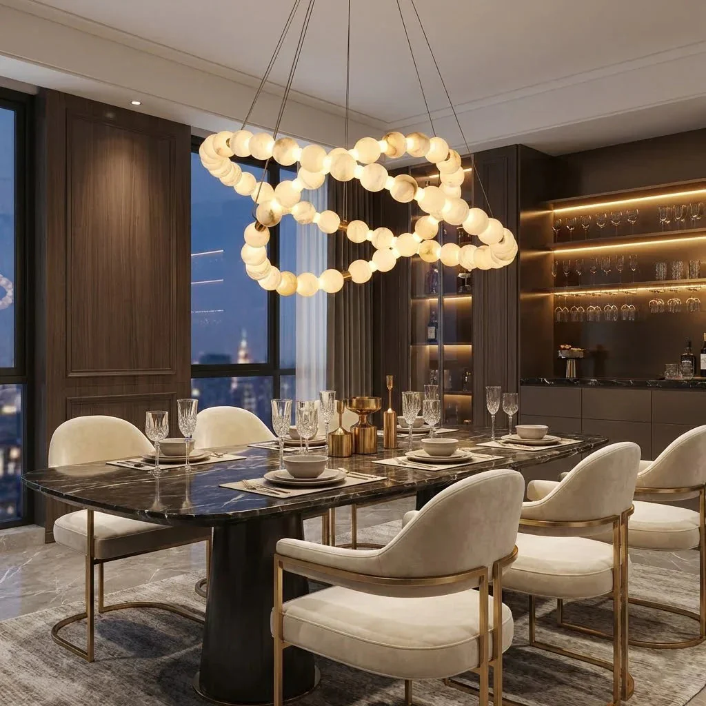 Alabaster Ring Chandelier – Gold Beaded LED Luxury Ceiling Light - Image 8