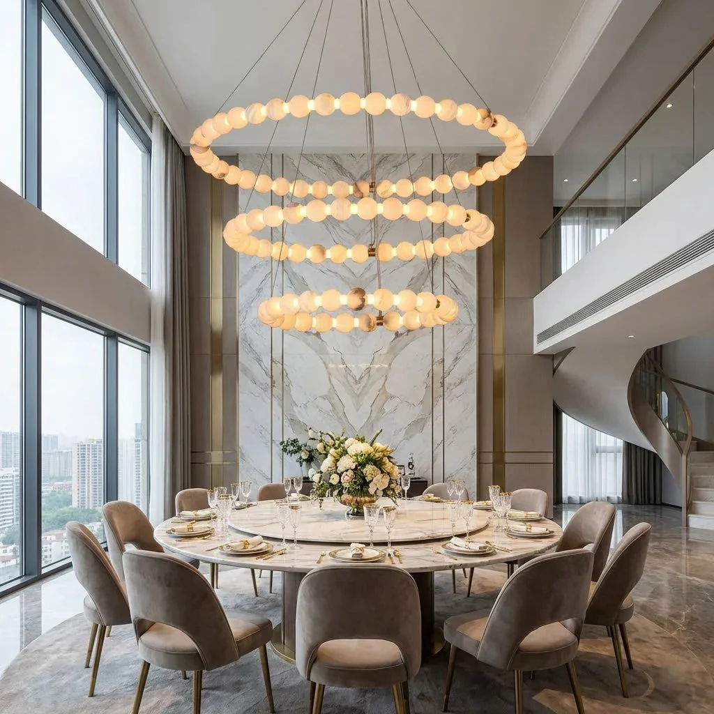 Alabaster Ring Chandelier – Gold Beaded LED Luxury Ceiling Light - Image 9
