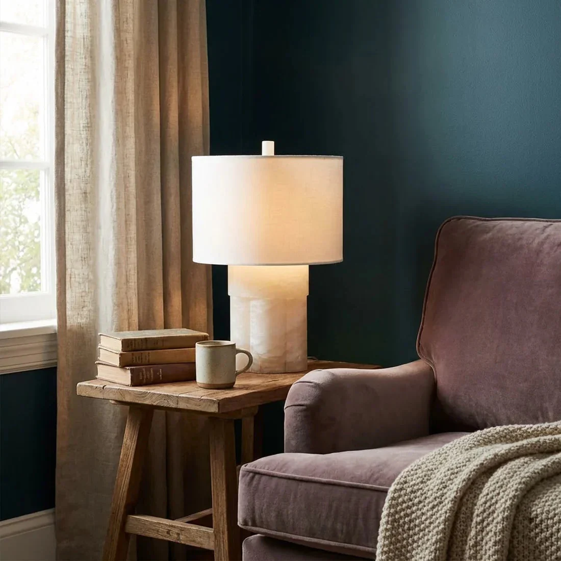 Alabaster Table Lamp with Drum Shade E26 Dimmable 12.9" Light - Image 15