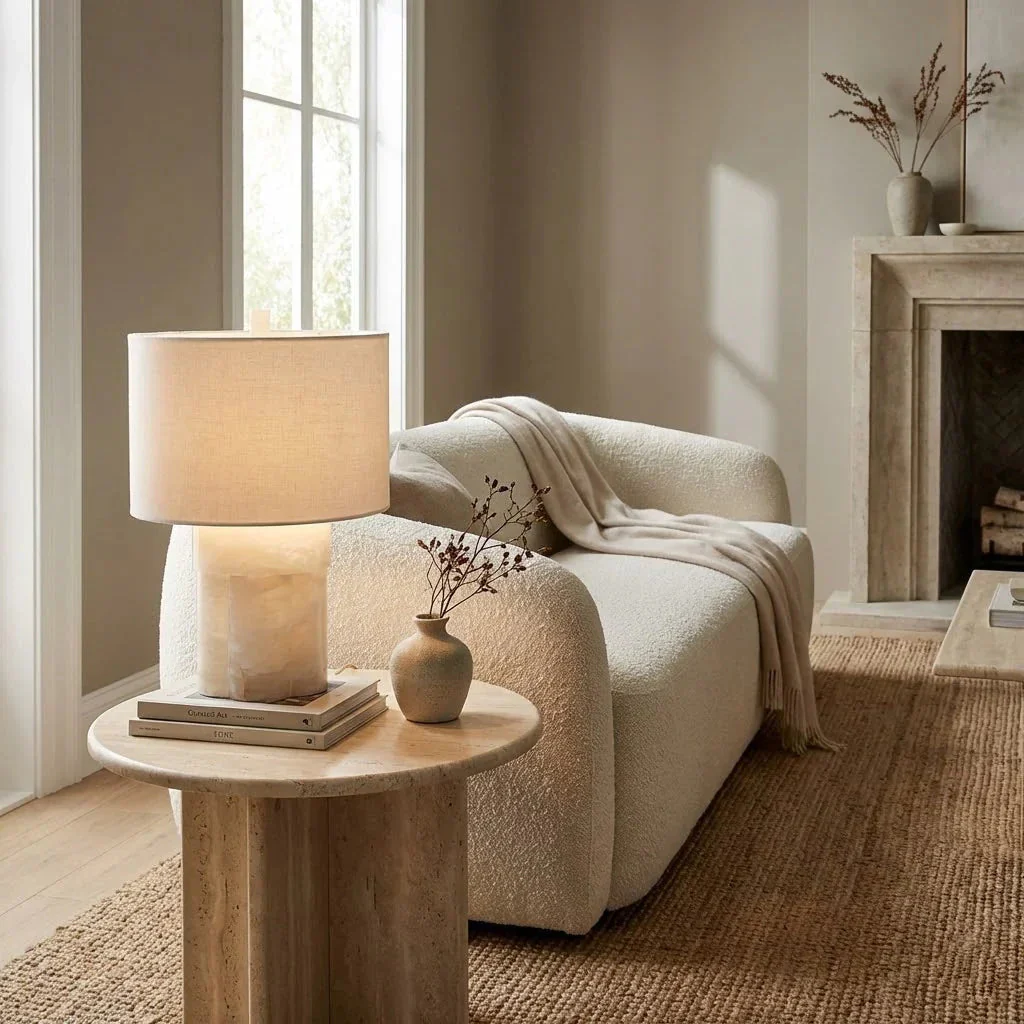 Alabaster Table Lamp with Drum Shade E26 Dimmable 12.9" Light - Image 3