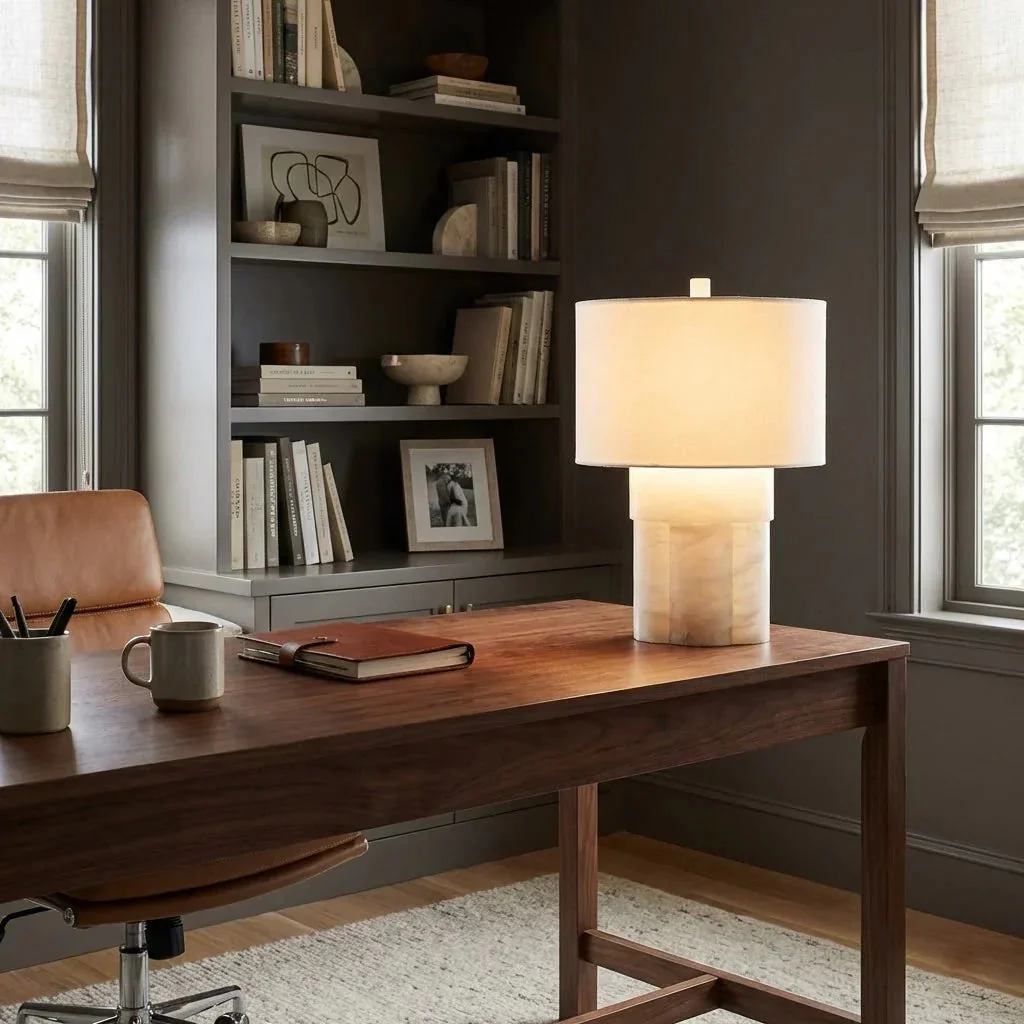Alabaster Table Lamp with Drum Shade E26 Dimmable 12.9" Light - Image 5