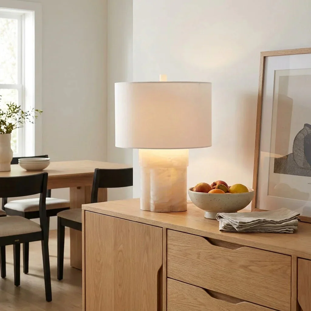 Alabaster Table Lamp with Drum Shade E26 Dimmable 12.9" Light - Image 6