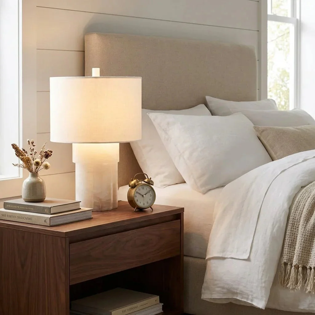 Alabaster Table Lamp with Drum Shade E26 Dimmable 12.9" Light - Image 9