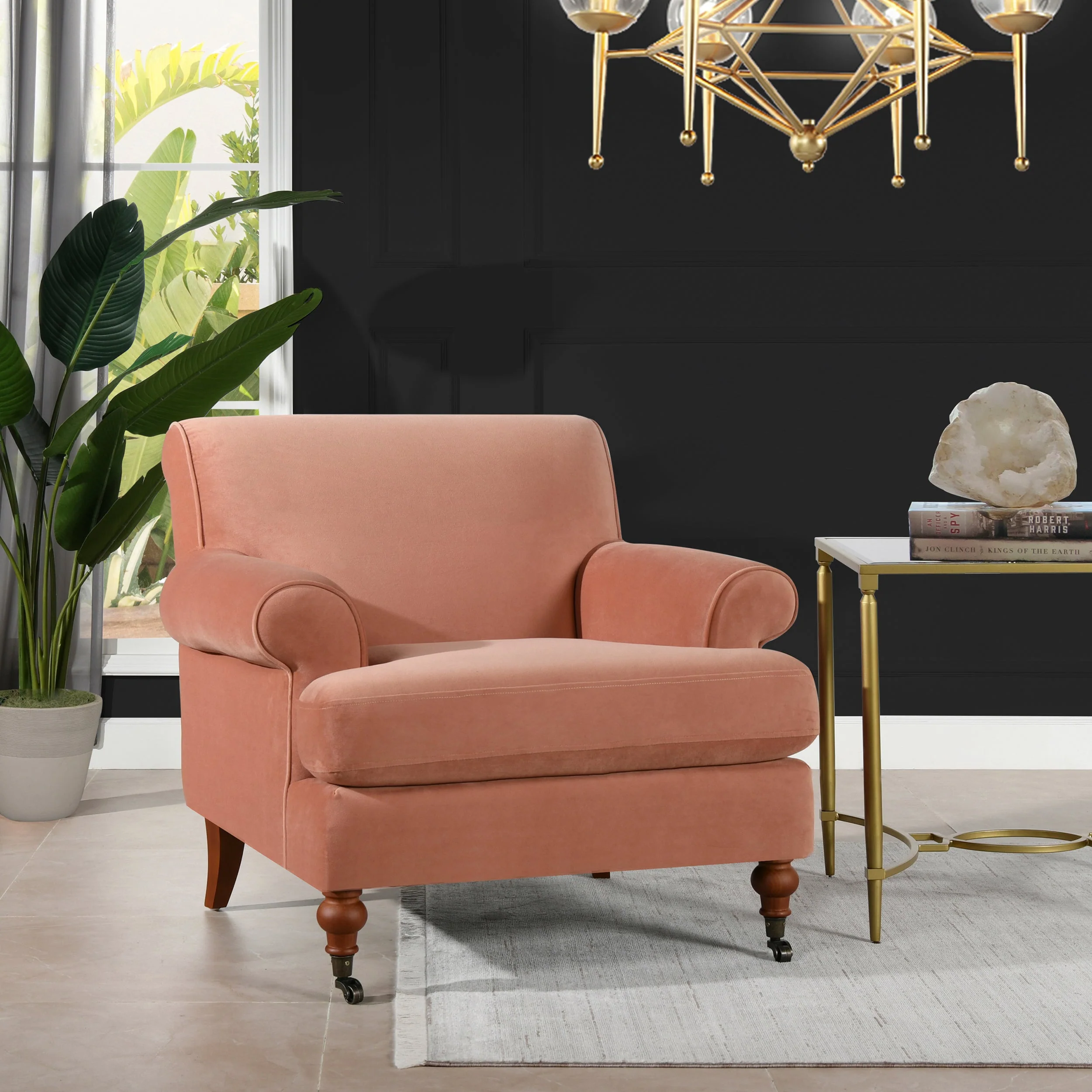 Alana 38" Lawson Accent Arm Chair Metal Casters, Peach Orange Velvet - Image 2