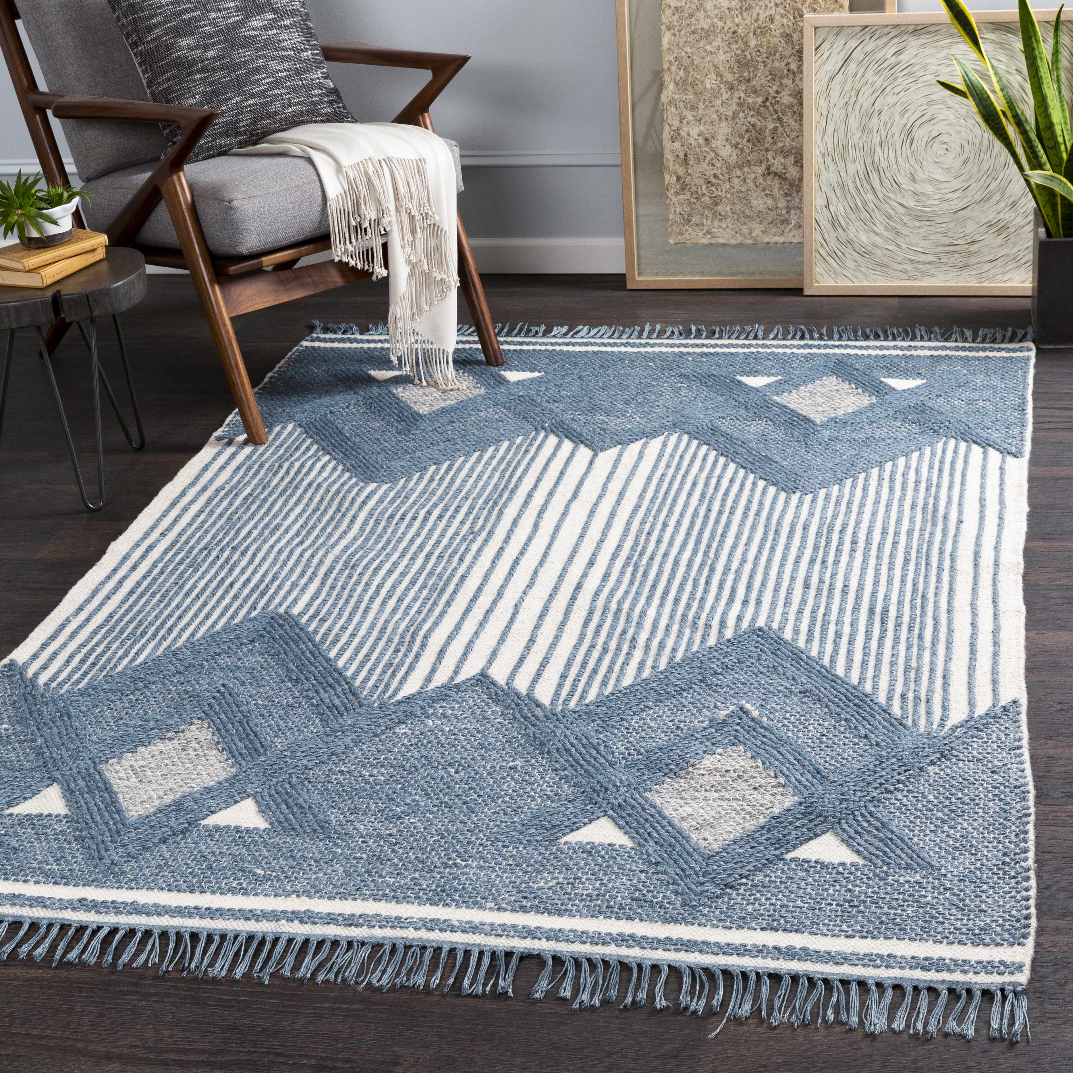 Aldbourne Blue Tassel Flatweave Wool Rug - Clearance - Image 2