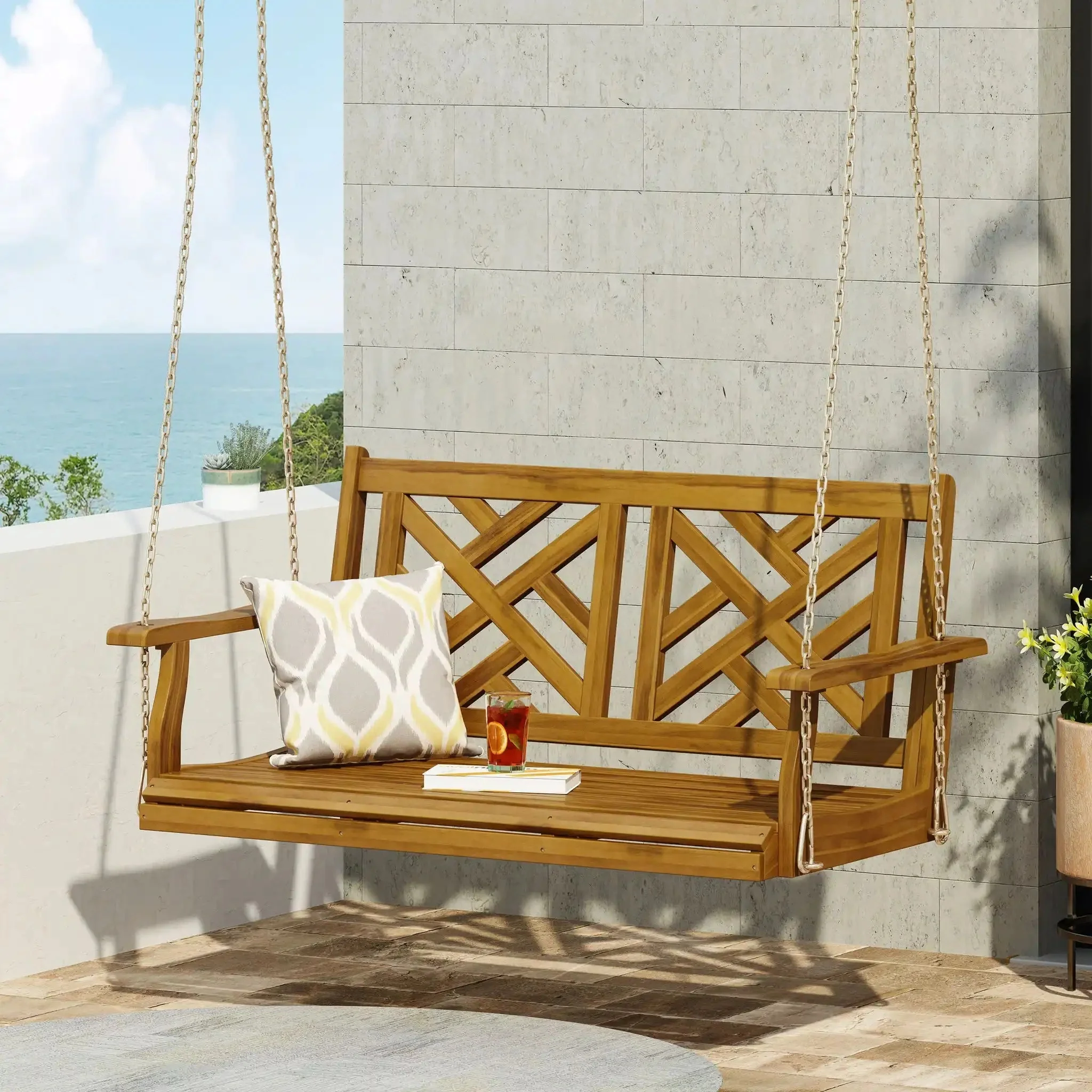 Alejandro - Acacia Wood Porch Swing With Slat Panel Seating - Image 6
