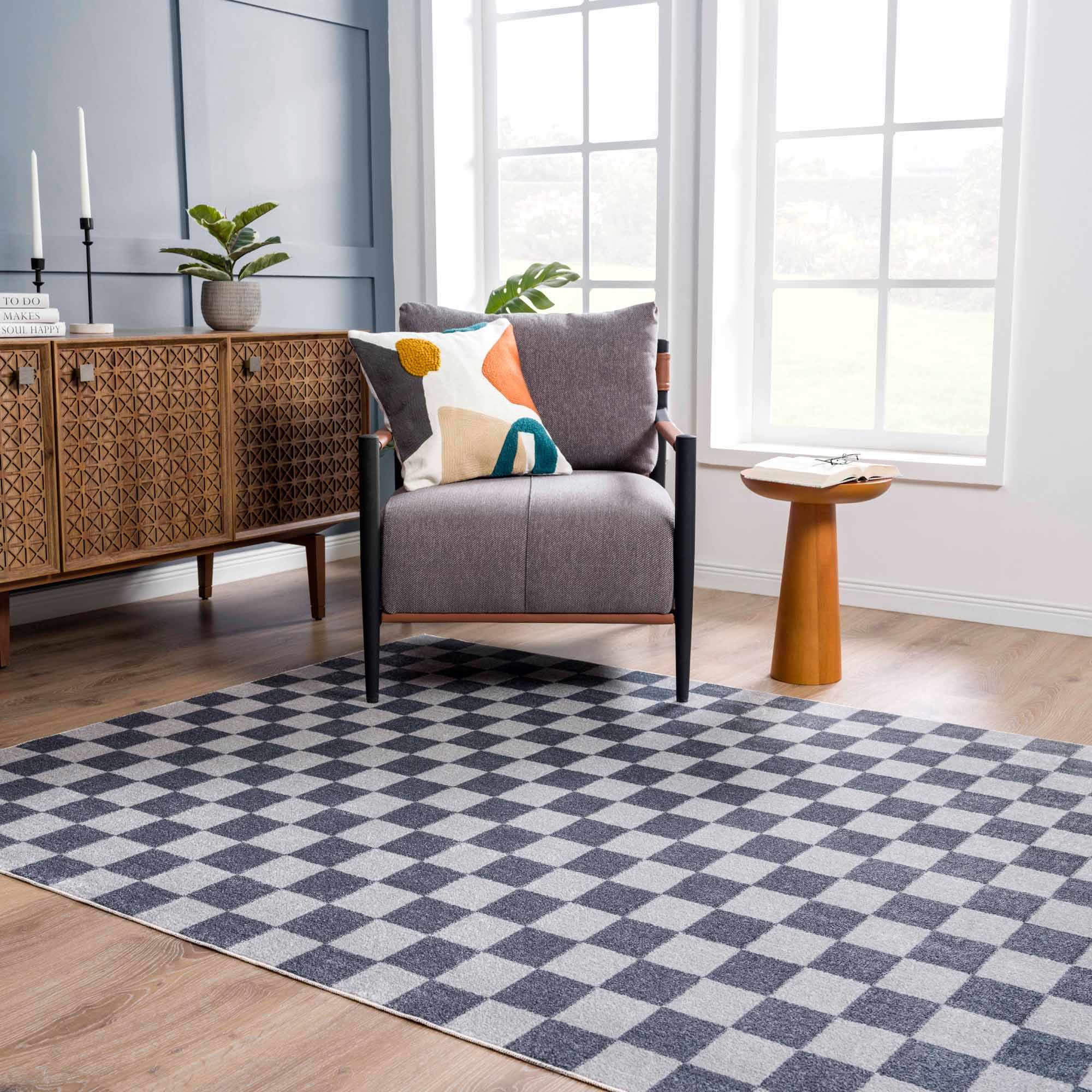 Alie Blue Gray Checkered Washable Rug - Image 14