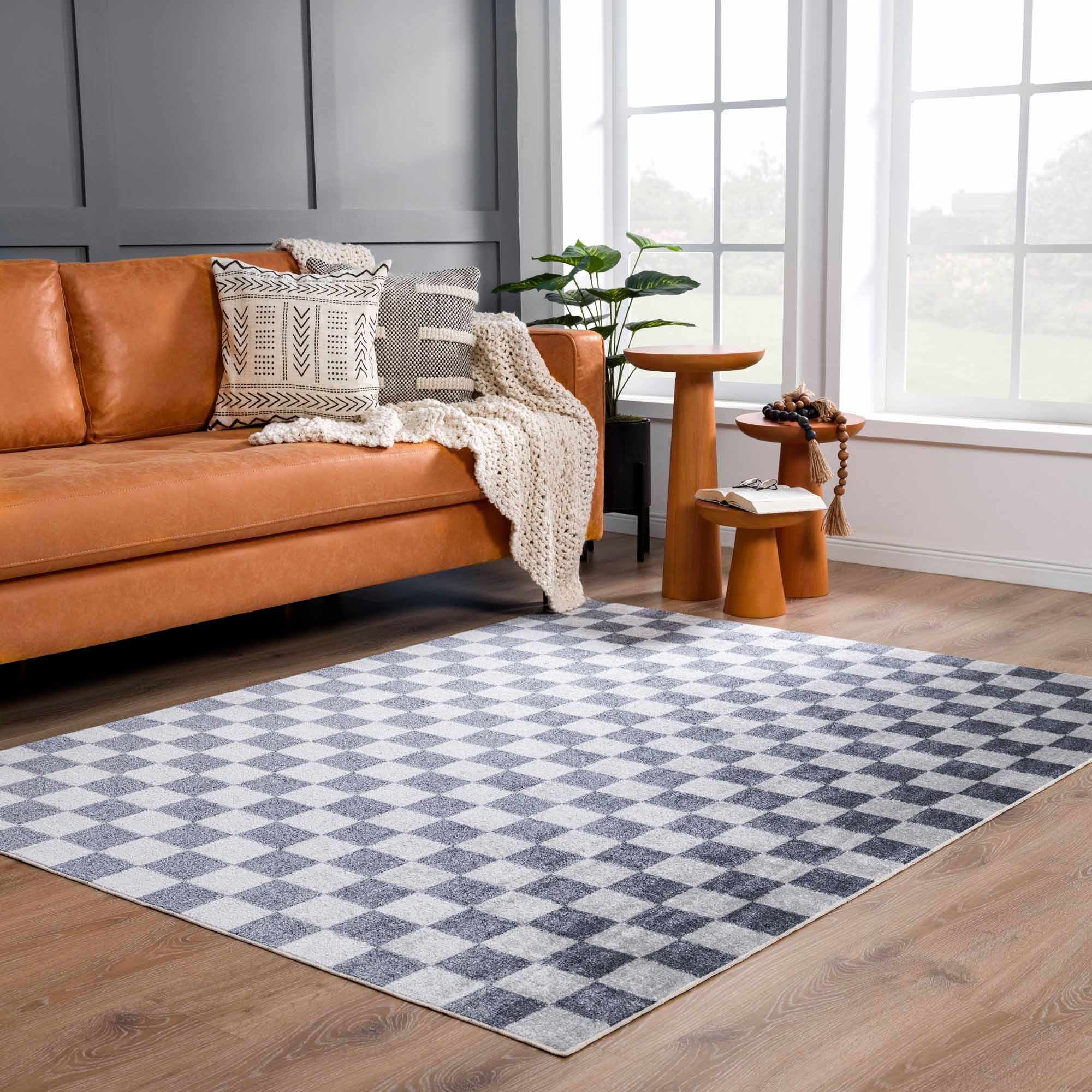 Alie Blue Gray Checkered Washable Rug - Image 16