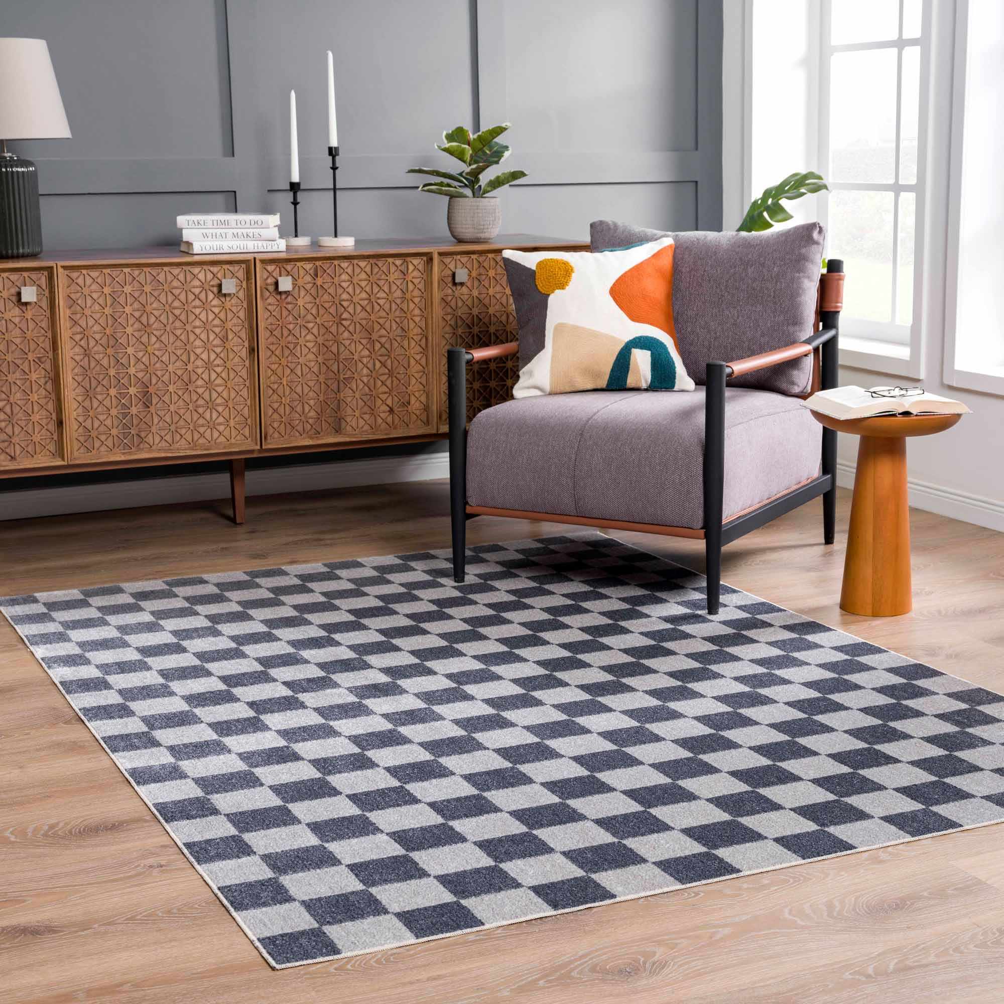 Alie Blue Gray Checkered Washable Rug - Image 3