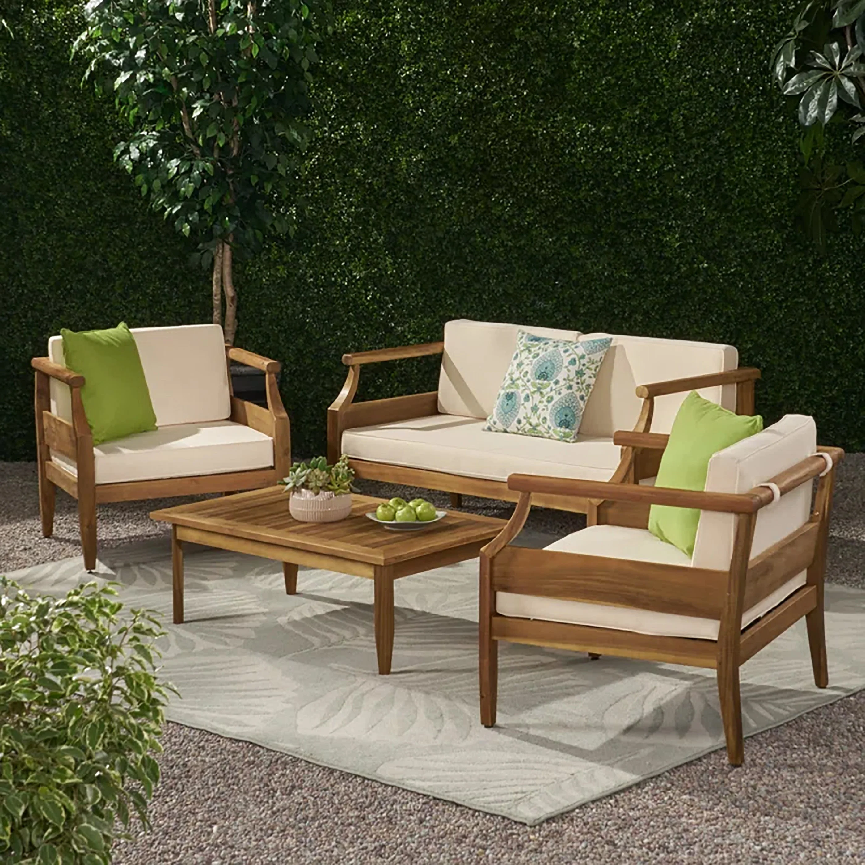 Alluvion Teak 4-Piece Wood Outdoor Patio Conversation Set with Cream Cushions - Image 2