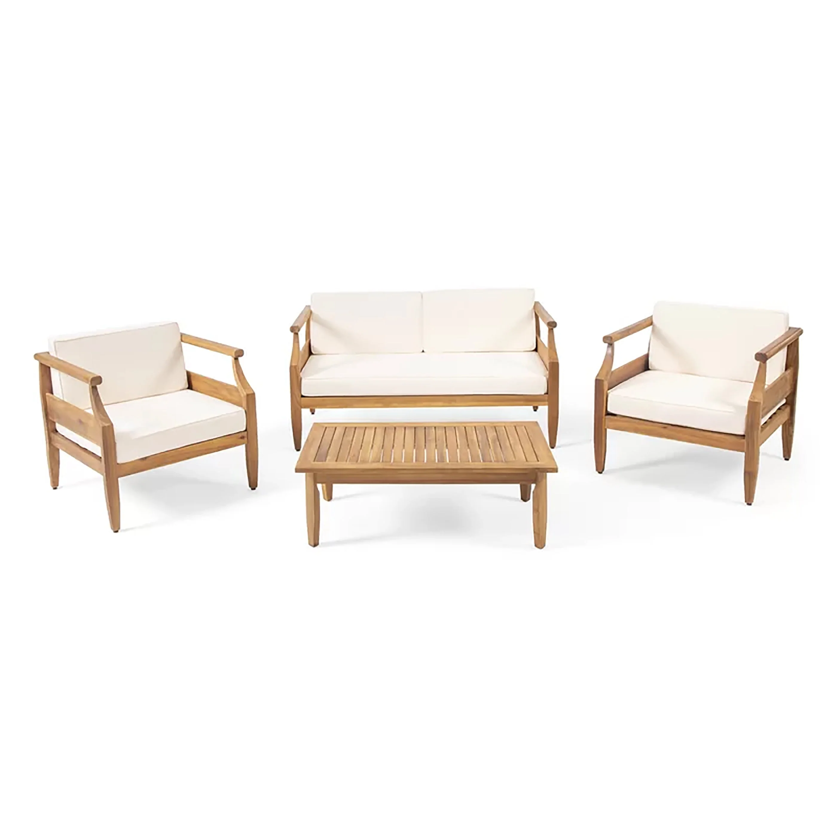 Alluvion Teak 4-Piece Wood Outdoor Patio Conversation Set with Cream Cushions - Image 5