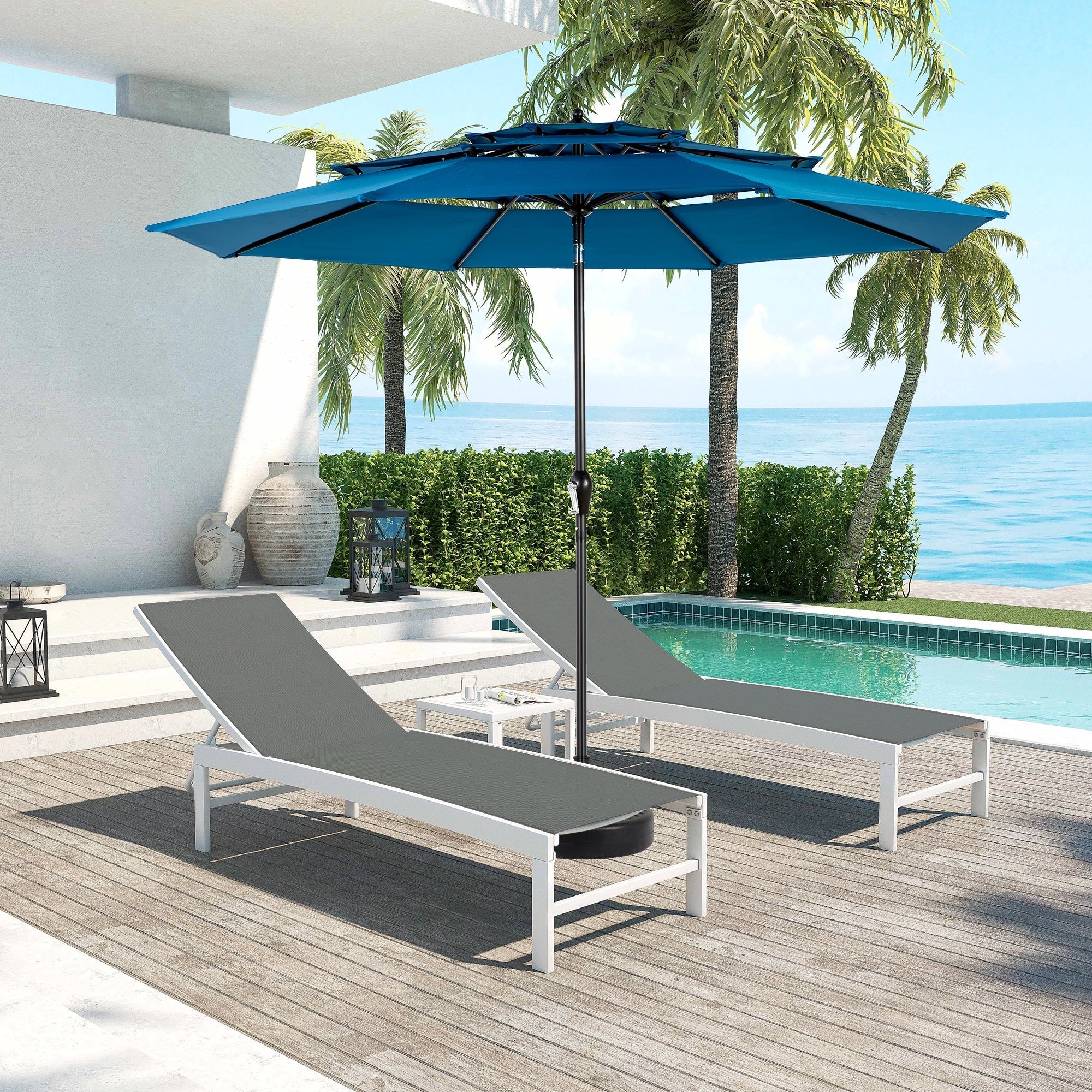 Aluminium 10ft 3 Tier Auto-Tilt Outdoor Patio Umbrella - Dark Blue - Image 2