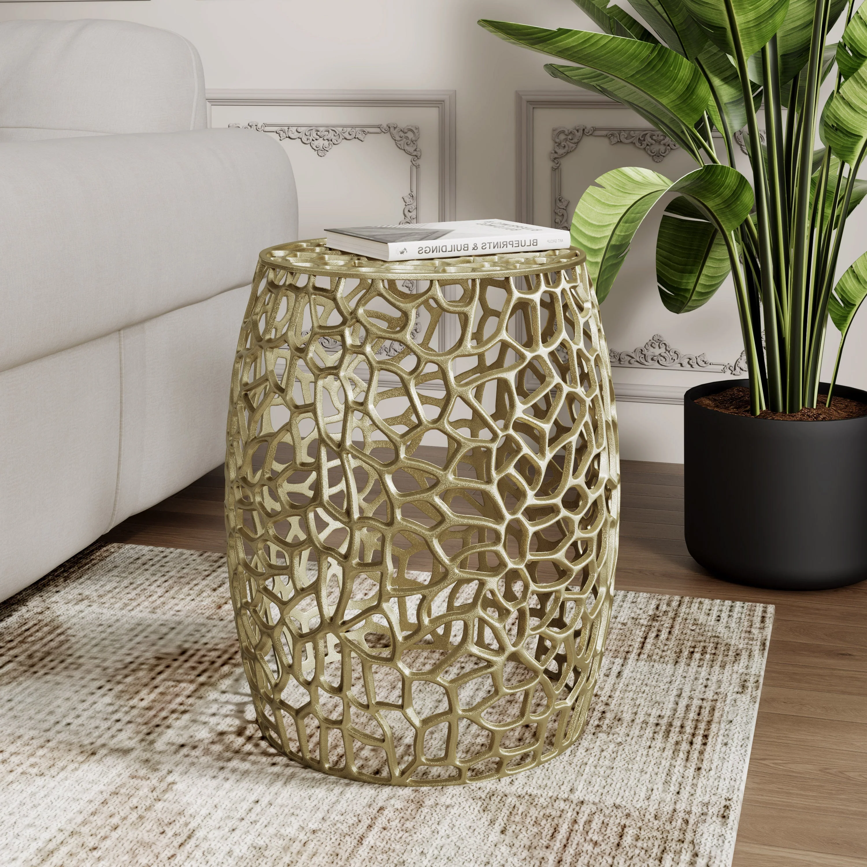 Aluminum Drum End Table with Intricate Design in Gold - Image 2