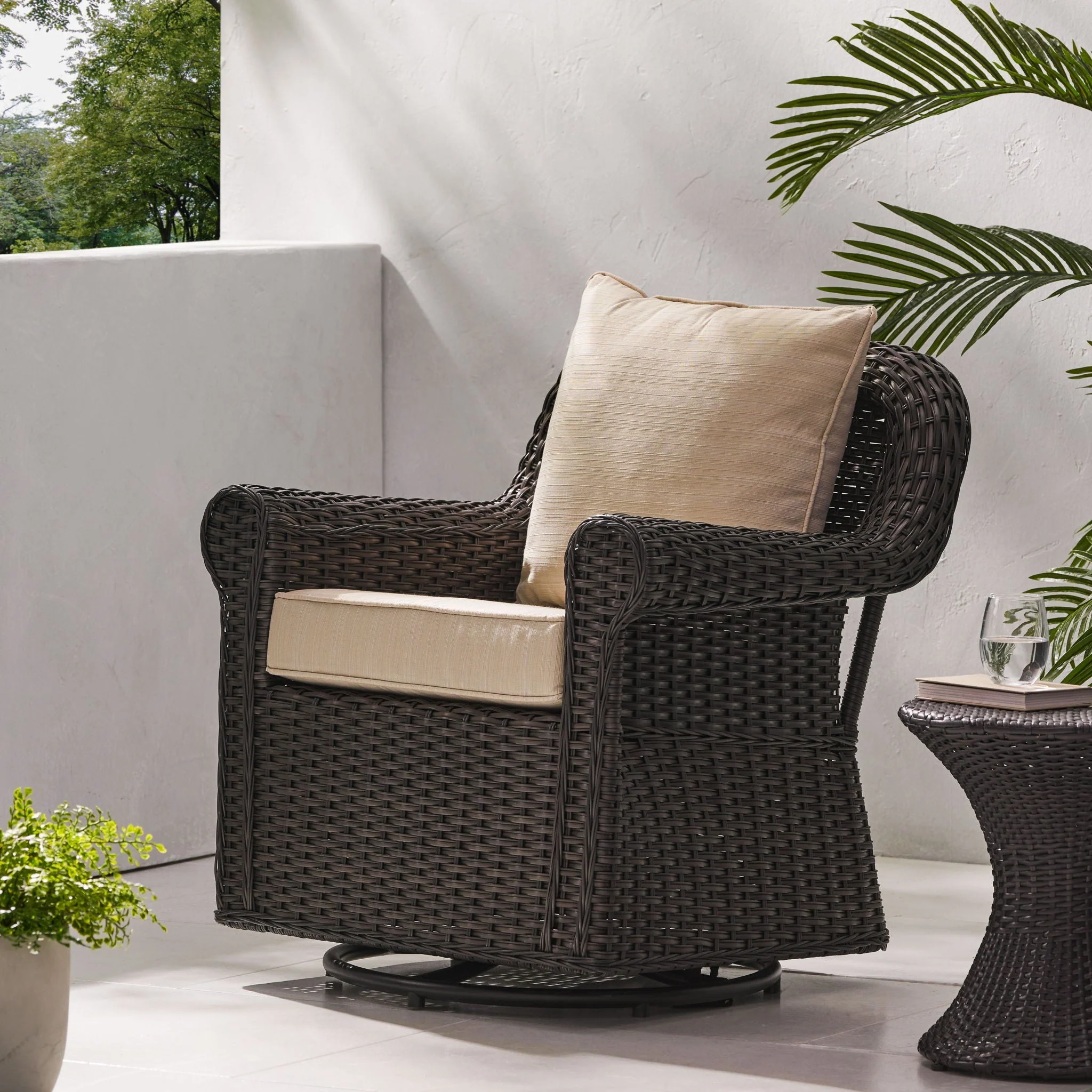 Amaya Outdoor Swivel Rocker Chair with Water Resistant Cushions - Brown / Beige - Image 3