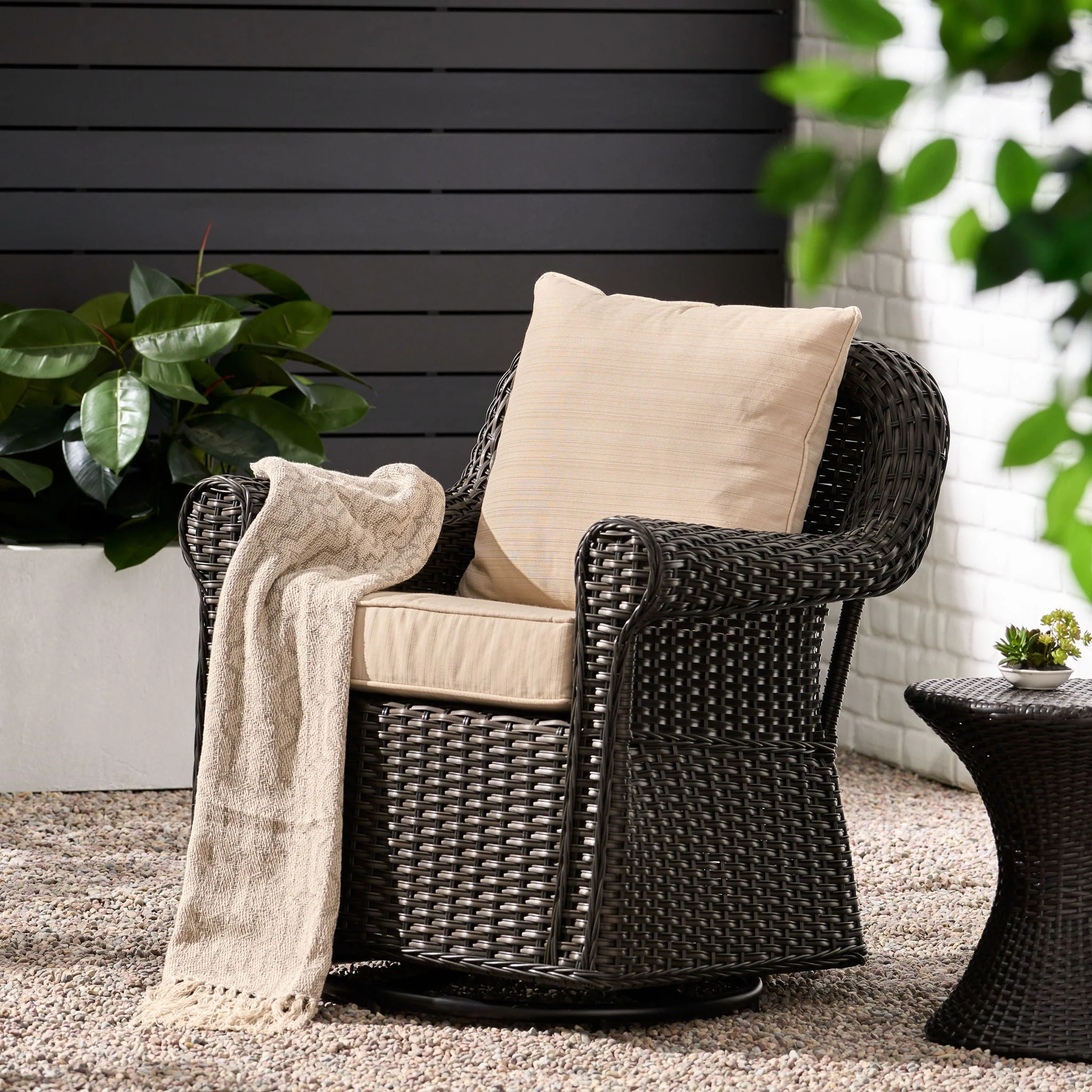 Amaya Outdoor Swivel Rocker Chair with Water Resistant Cushions - Brown / Beige - Image 4