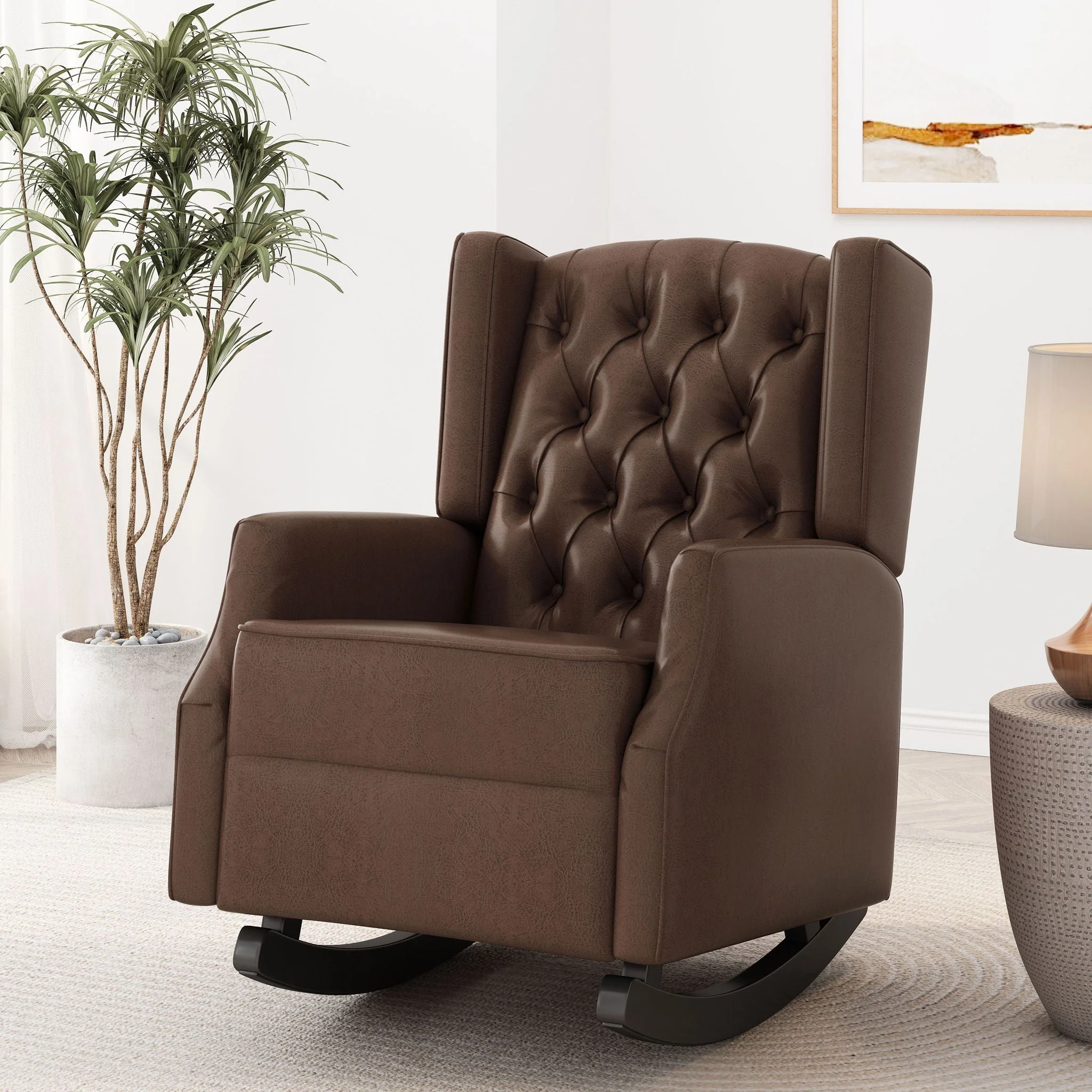 Amedou Contemporary Tufted Wingback Rocking Chair - Dark Brown - Image 2