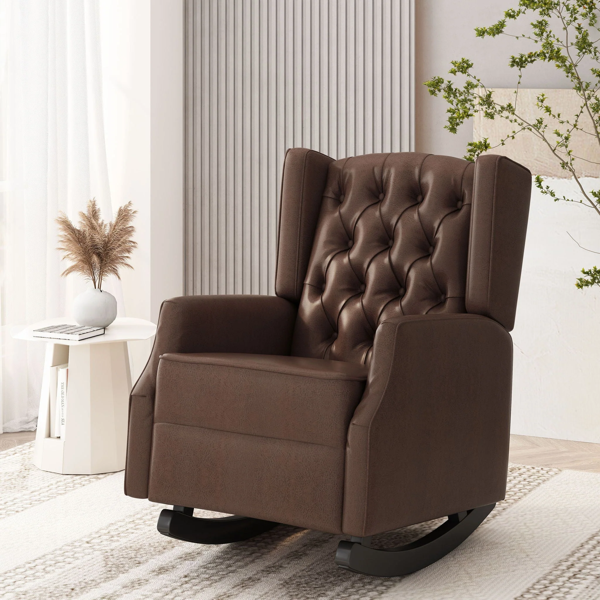 Amedou Contemporary Tufted Wingback Rocking Chair - Dark Brown - Image 4