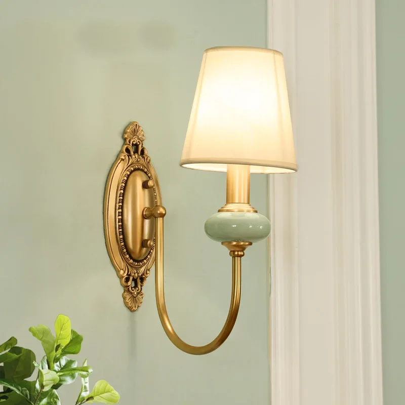 American Style Copper Wall Lamp Ceramic Bedside Sconce Antique Decor Light - Image 2