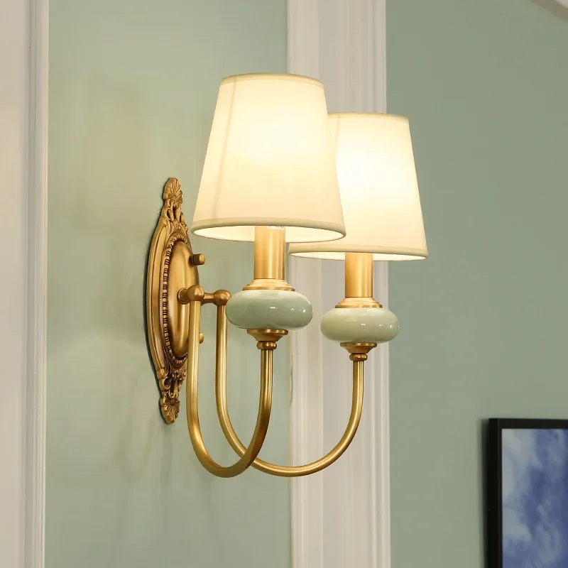 American Style Copper Wall Lamp Ceramic Bedside Sconce Antique Decor Light - Image 3