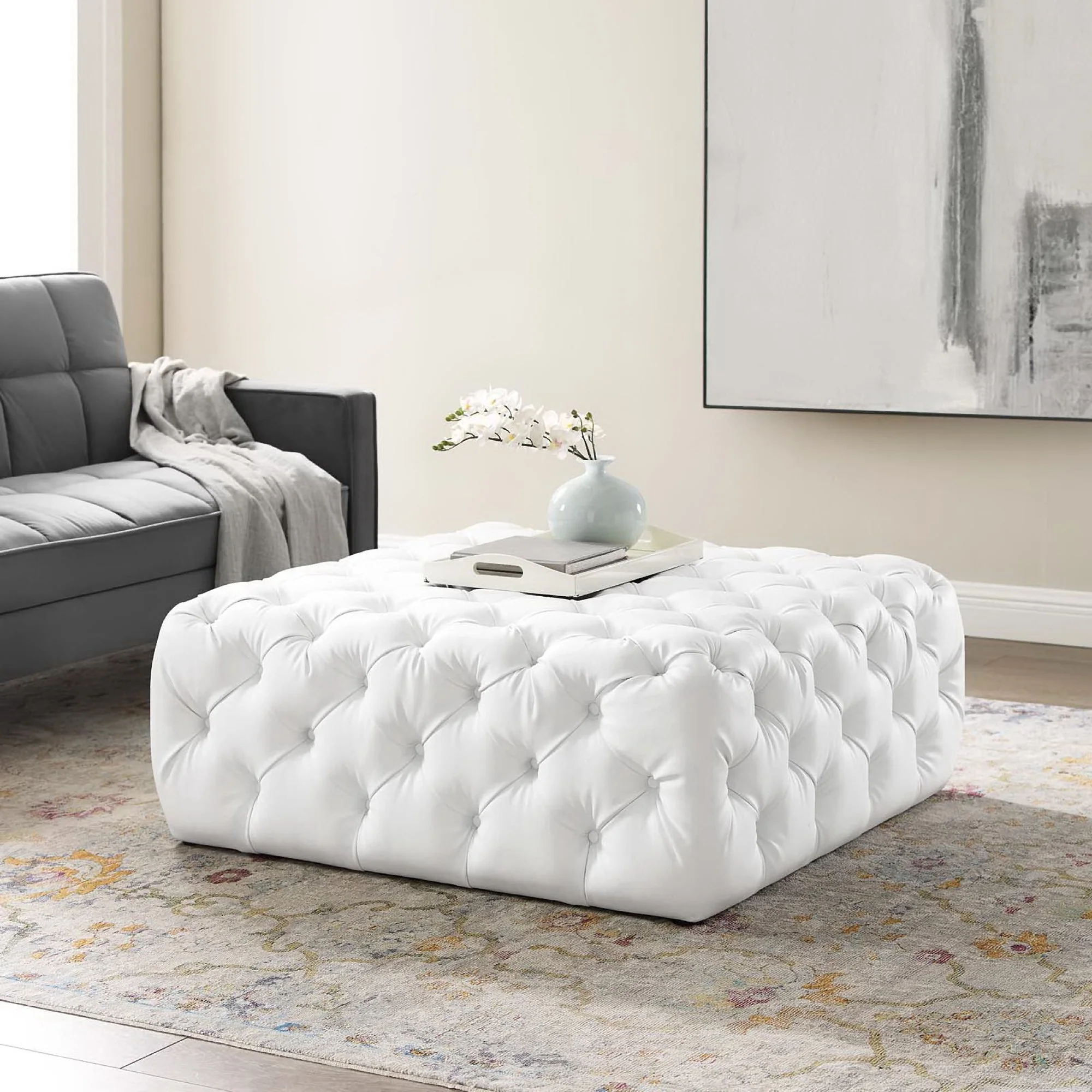 Amour Tufted Button Large Square Faux Leather Ottoman by Modway - Image 5