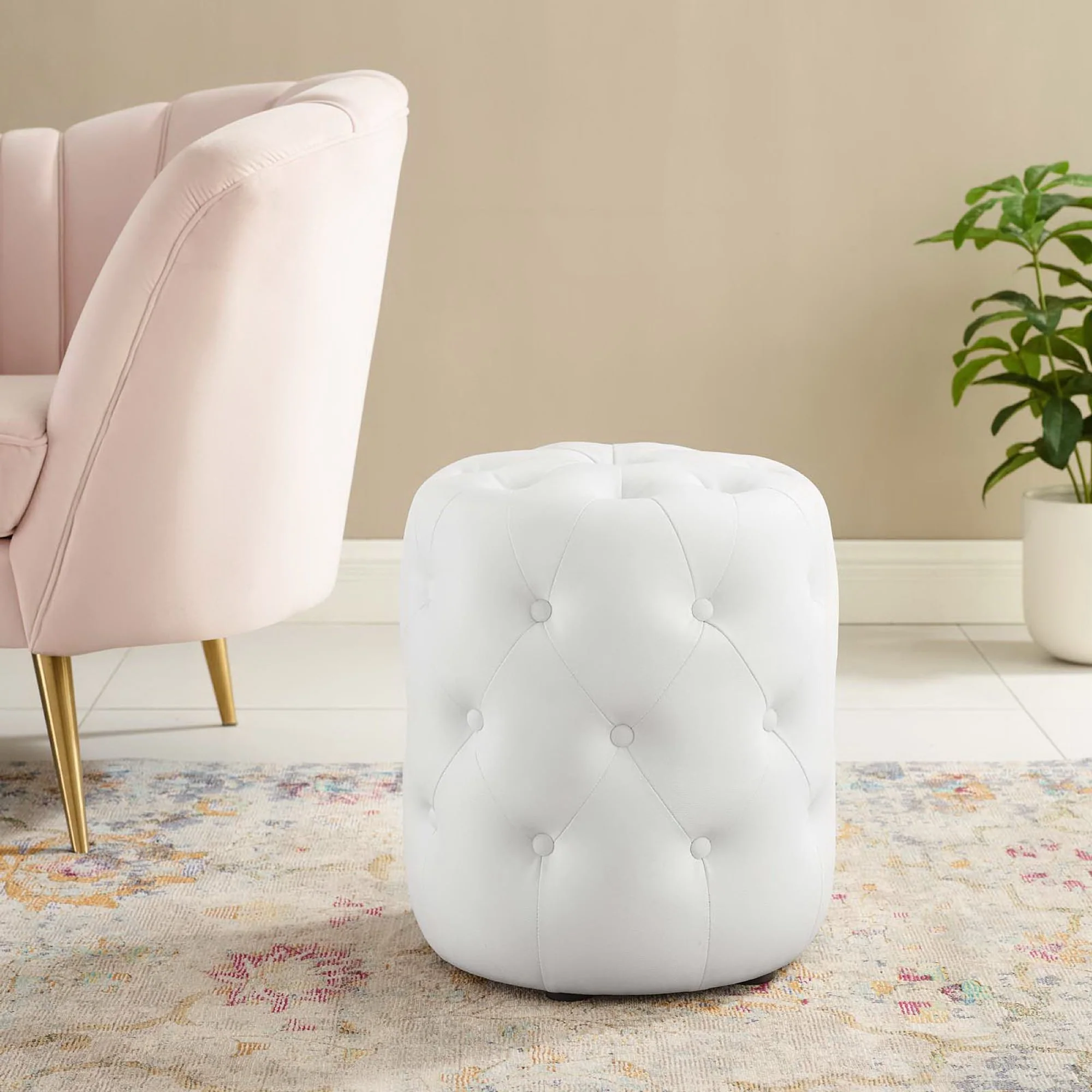Amour Tufted Button Round Faux Leather Ottoman by Modway - Image 6