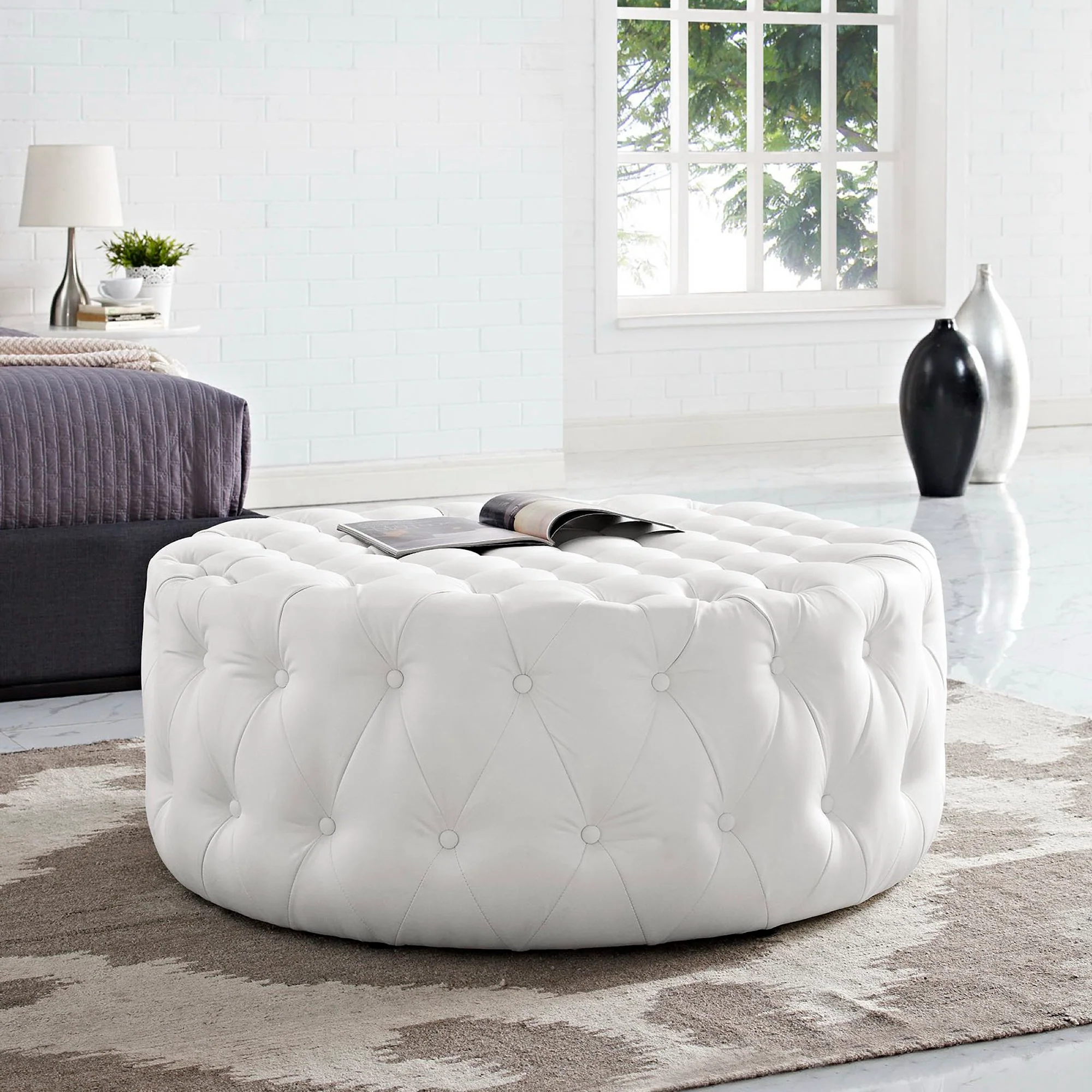 Amour Upholstered Vinyl Round Ottoman by Modway - Image 4