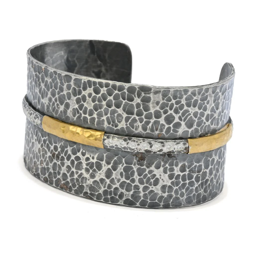 Anatolia by Cevherun 24K Gold Accented Hammered 0.21ctw Diamond Wide Cuff Bracelet - Image 2
