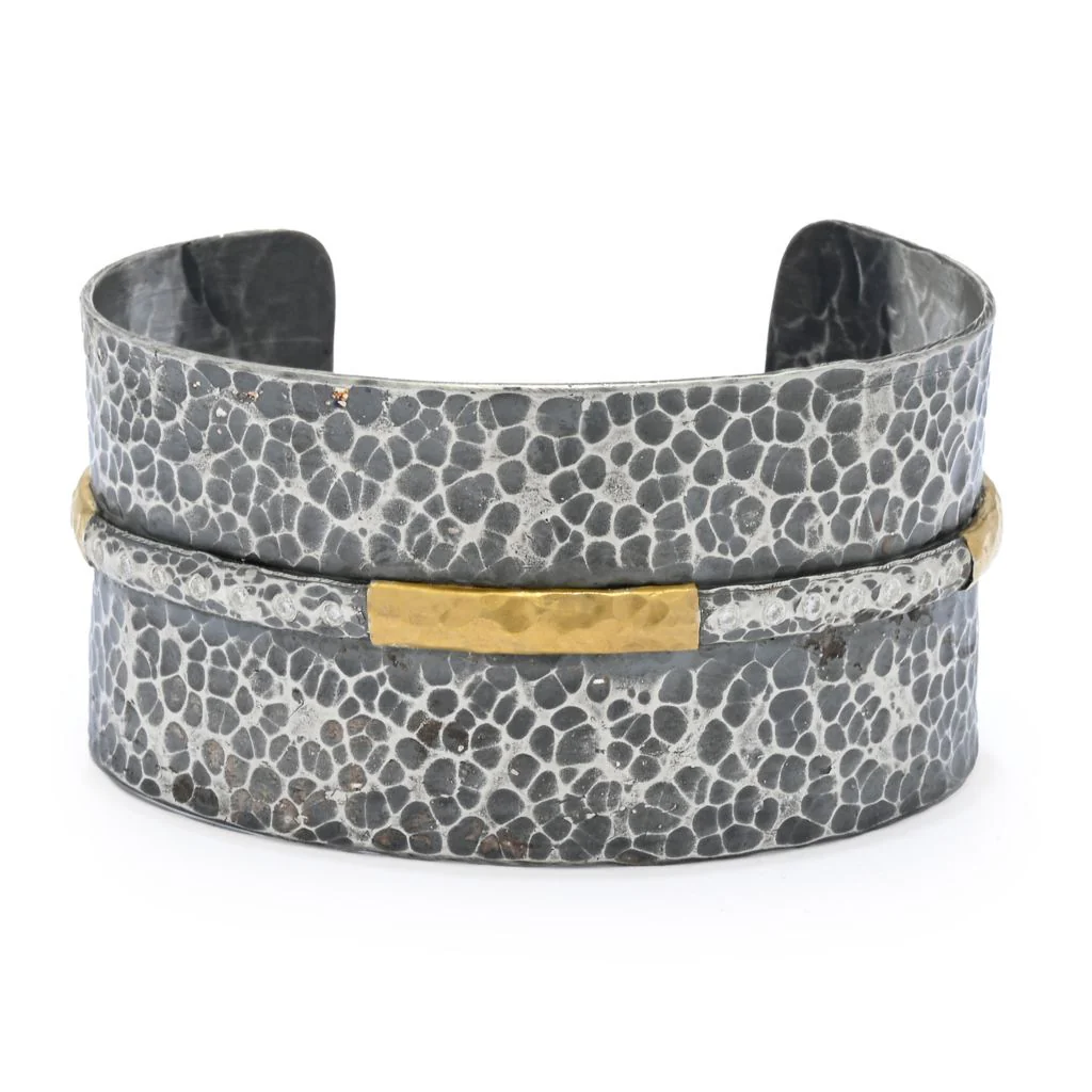 Anatolia by Cevherun 24K Gold Accented Hammered 0.21ctw Diamond Wide Cuff Bracelet - Image 3