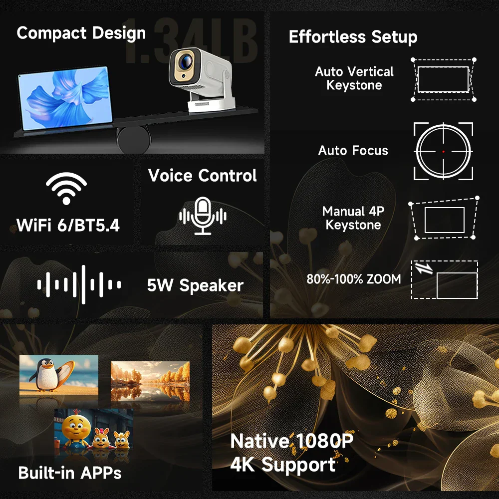 Android 11 4K Projector 1080P Auto Focus Dual WiFi BT5.4 Home Outdoor Movie - Image 2