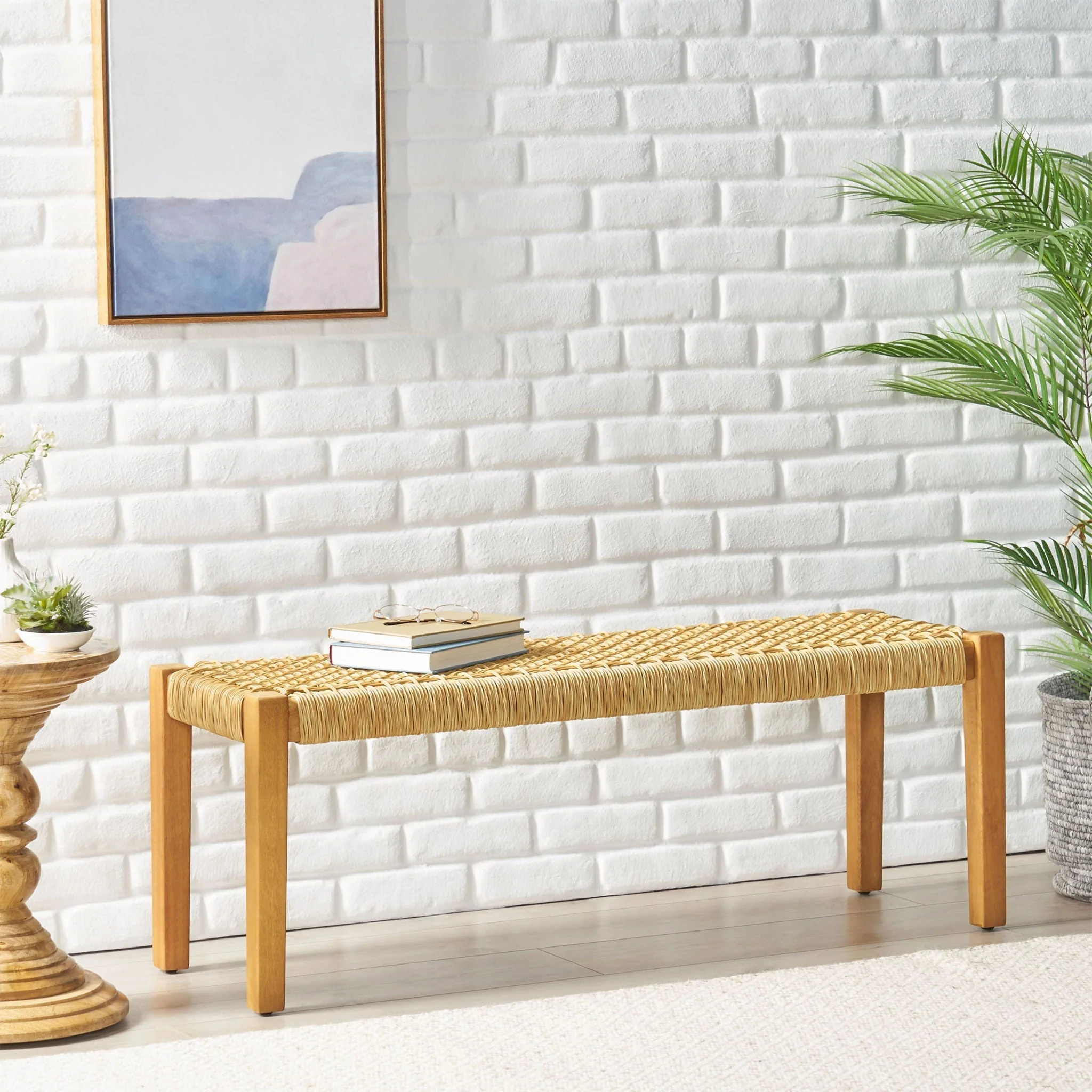 Angie Bench Outdoor Seating Acacia Wood Faux Rattan - Teak - Image 2