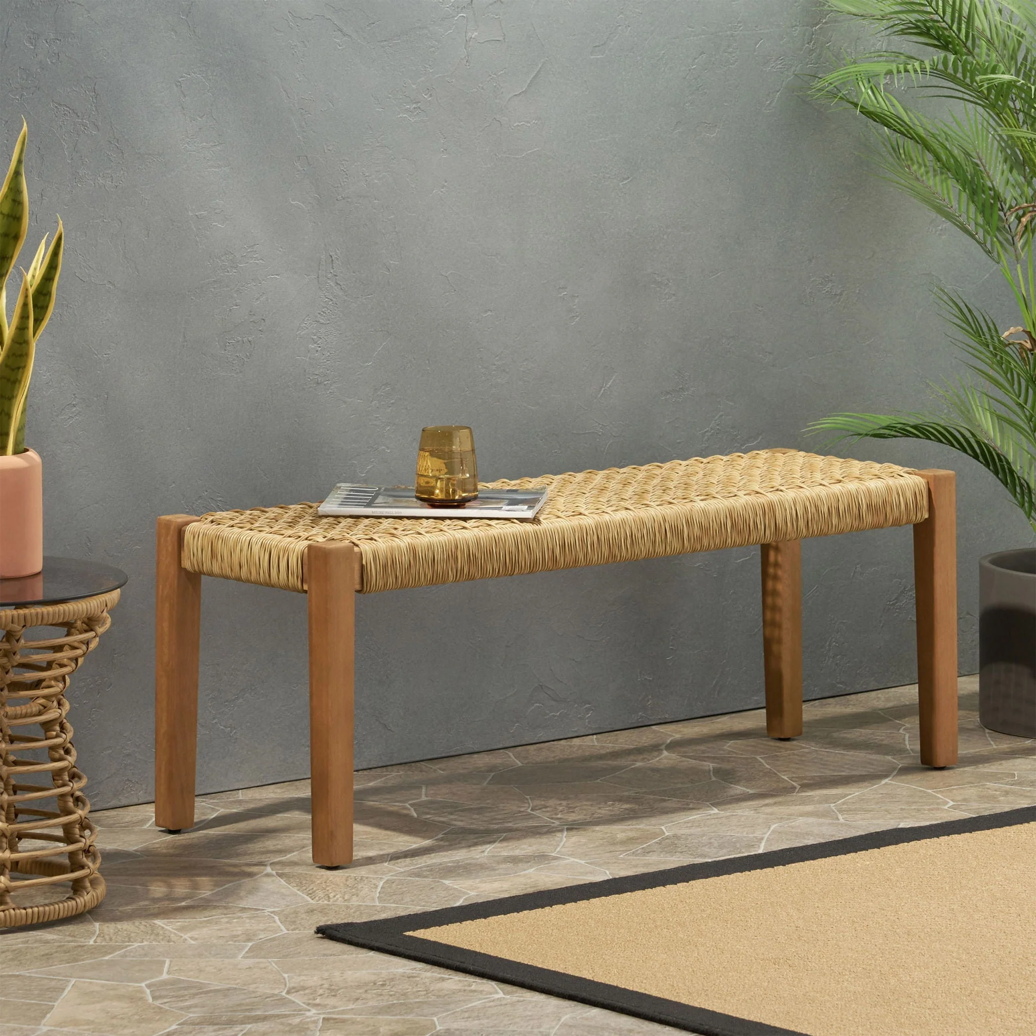 Angie Bench Outdoor Seating Acacia Wood Faux Rattan - Teak - Image 3