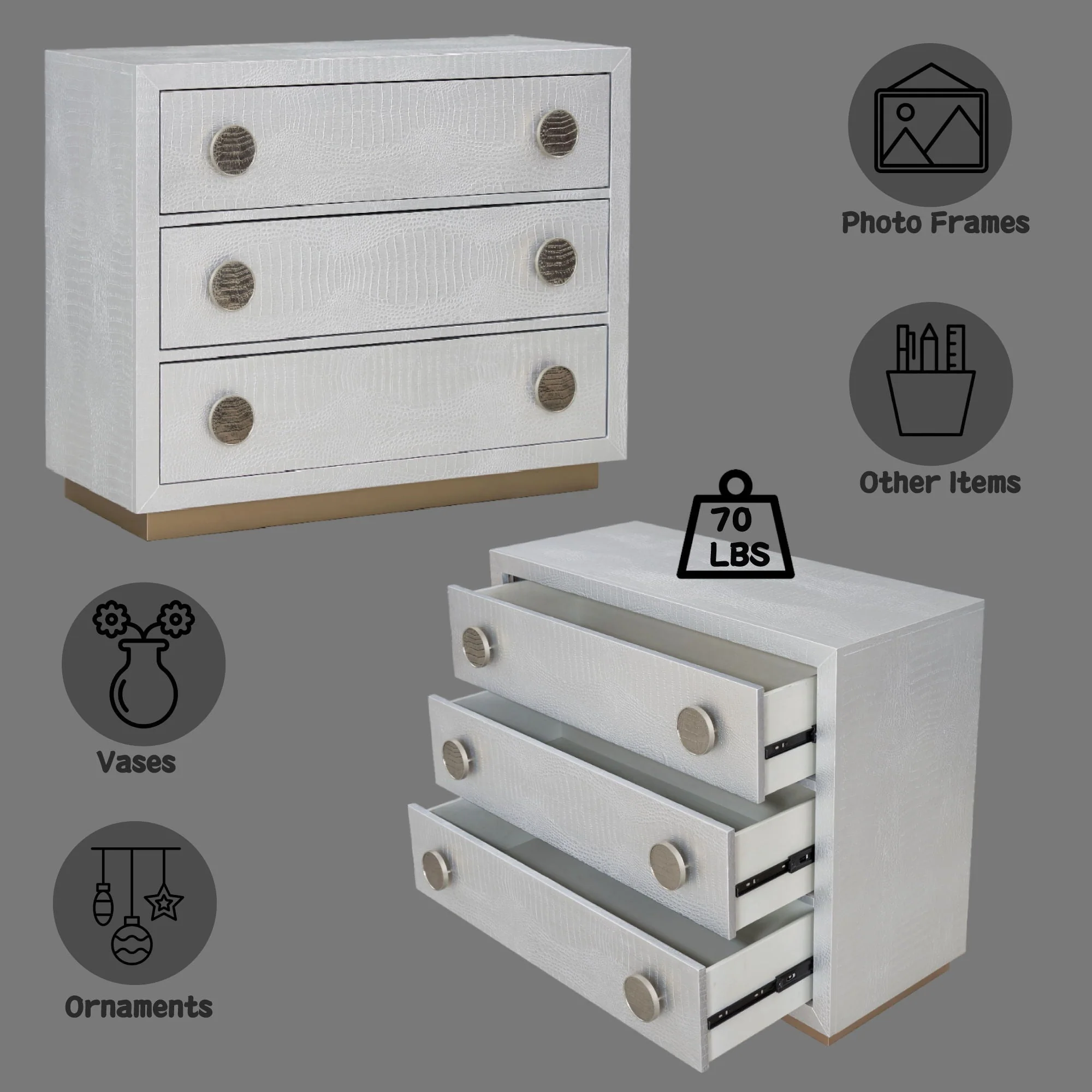 Anpu - Faux Crocodile Skin Console Cabinet - Silver - Image 3