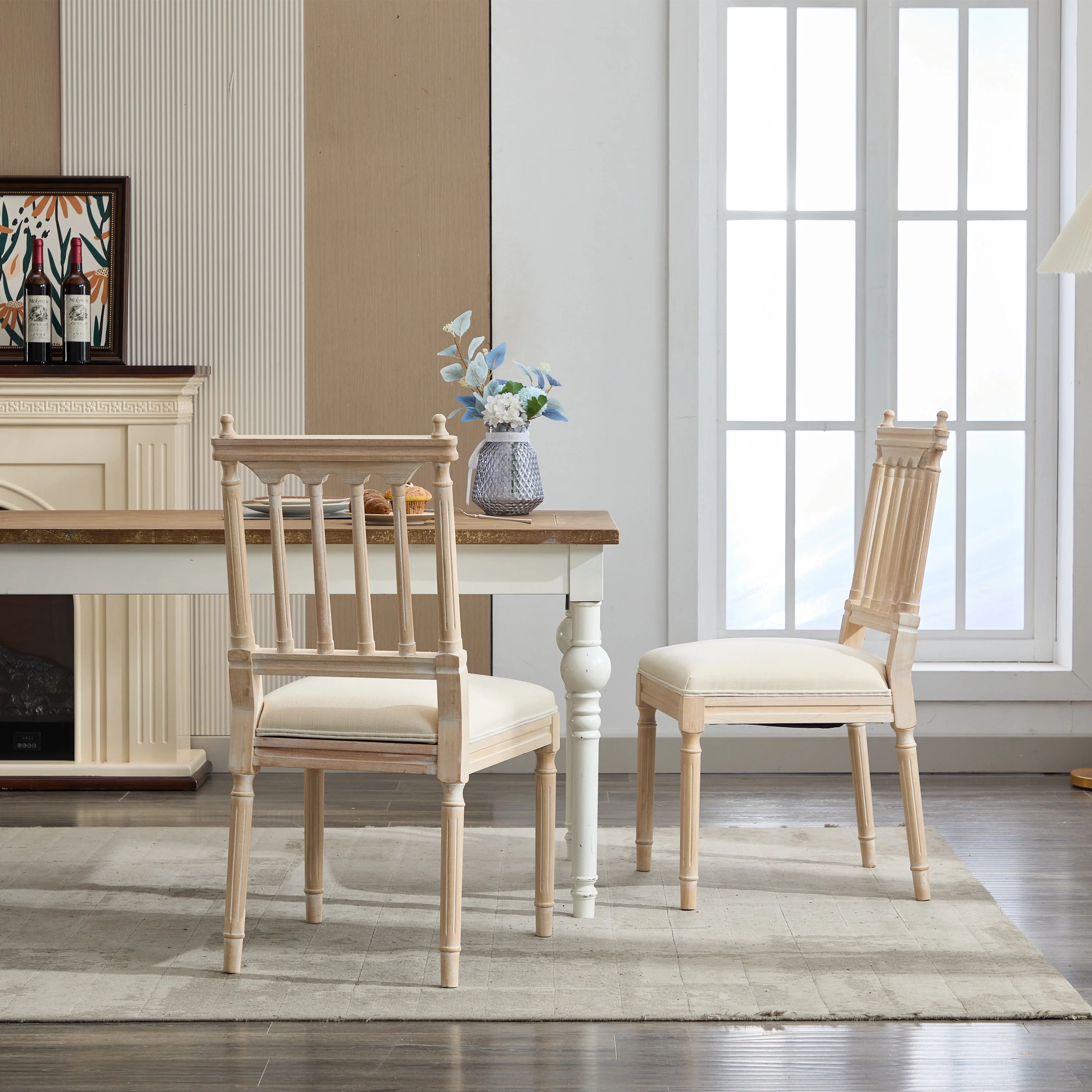 Antique Dining Chairs - Linen Fabric Upholstered Wooden Chairs Set of 2 - Image 12