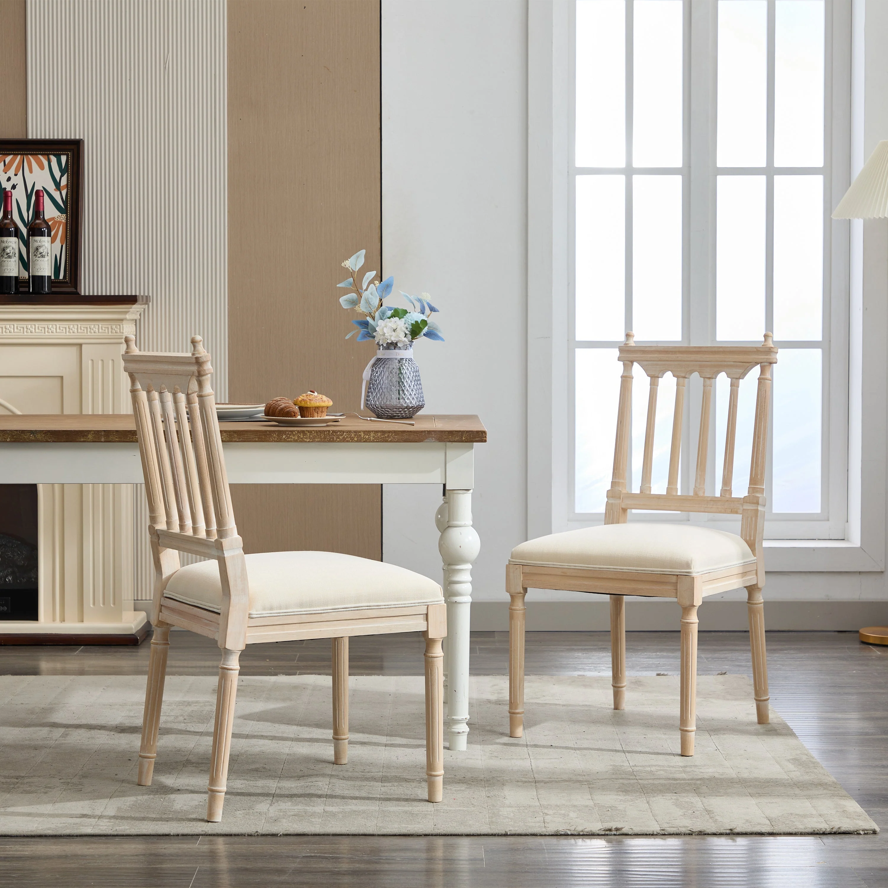 Antique Dining Chairs - Linen Fabric Upholstered Wooden Chairs Set of 2 - Image 14