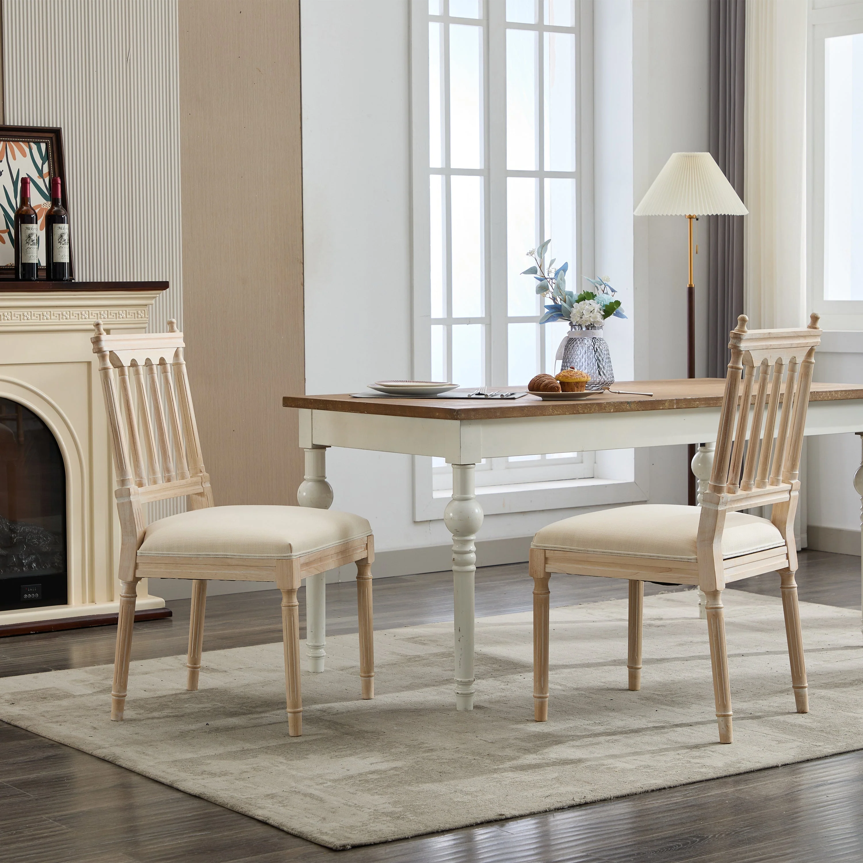 Antique Dining Chairs - Linen Fabric Upholstered Wooden Chairs Set of 2 - Image 15