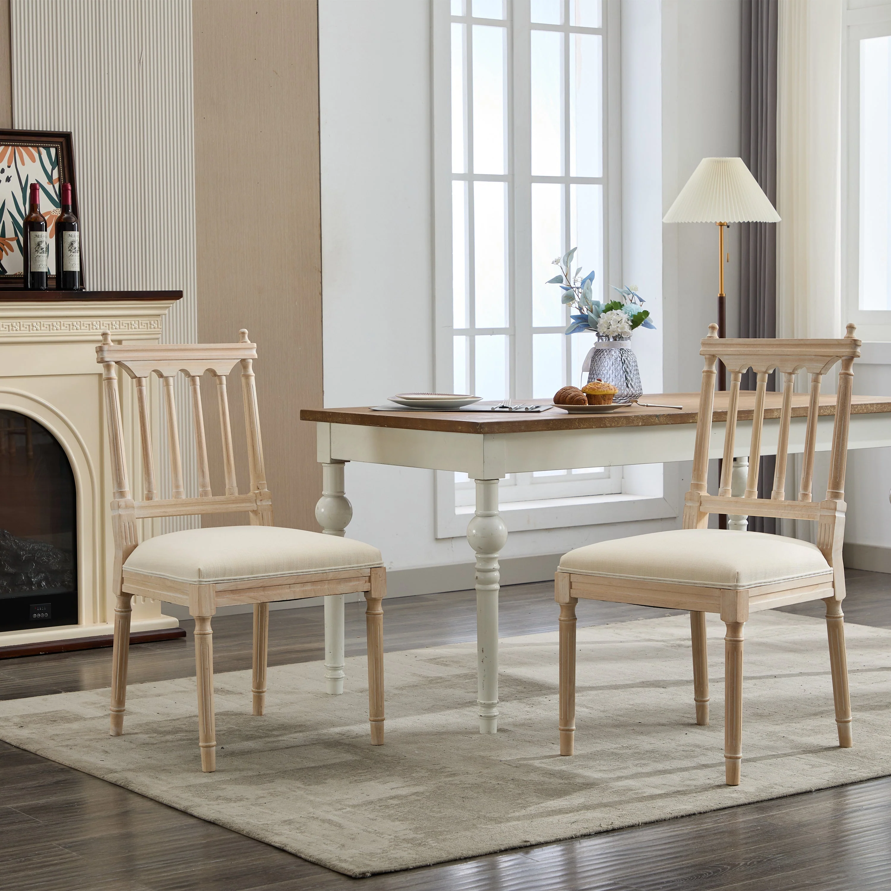 Antique Dining Chairs - Linen Fabric Upholstered Wooden Chairs Set of 2 - Image 2