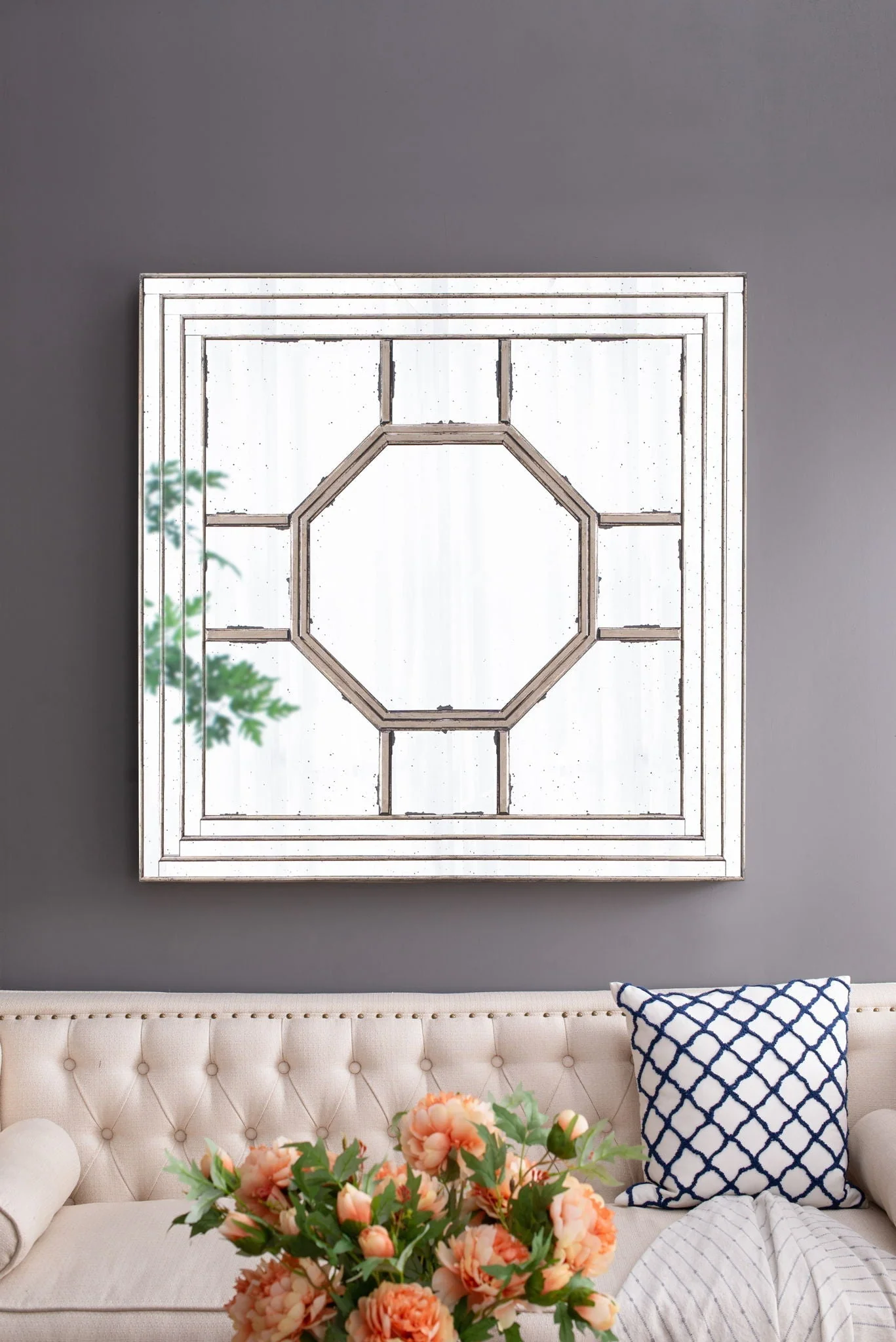 Antique Style Decorative Square Wall Mirror with Mirrored Frame - Image 2