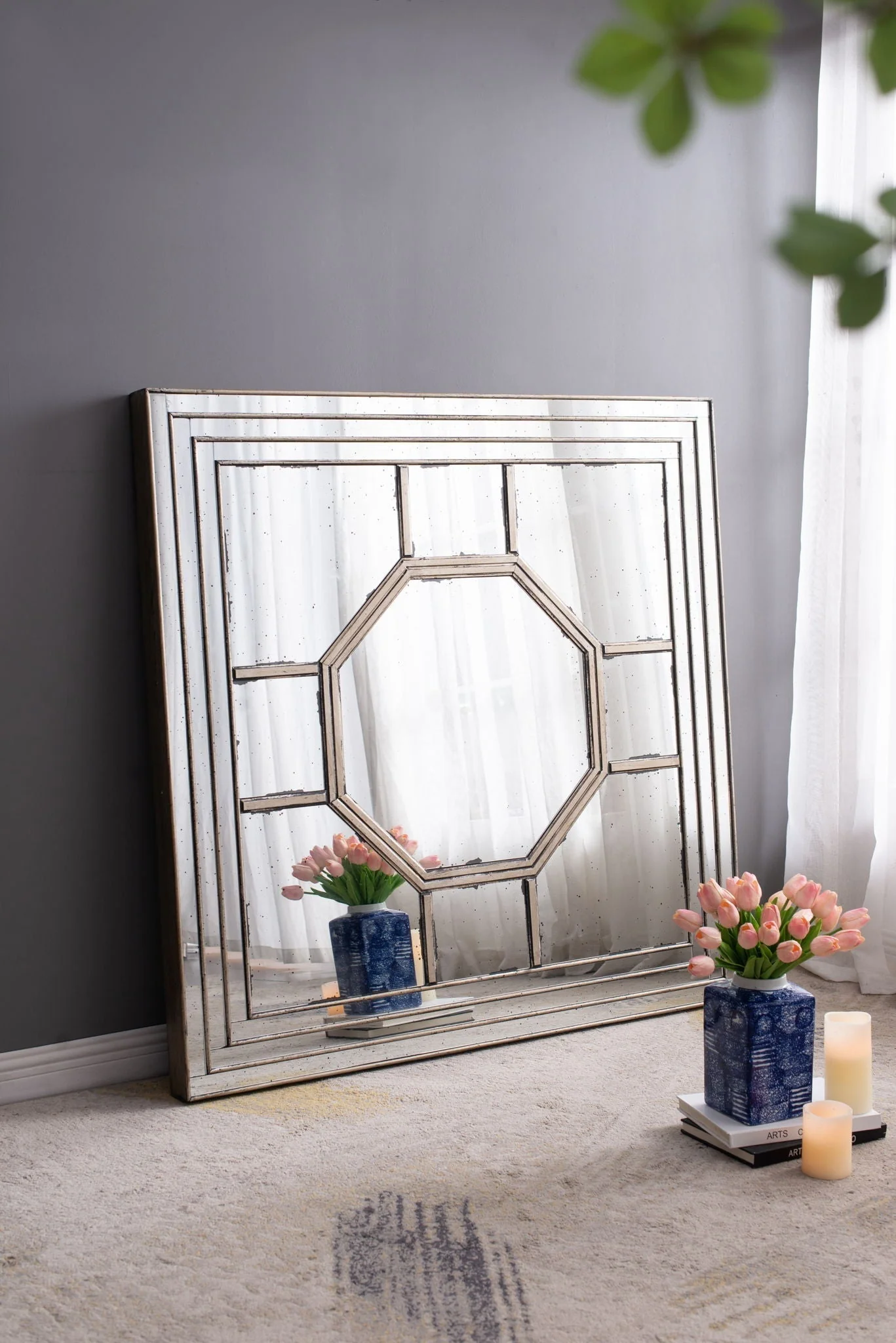 Antique Style Decorative Square Wall Mirror with Mirrored Frame - Image 3