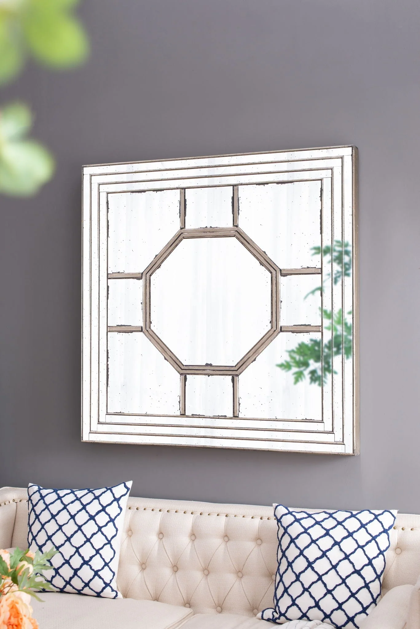 Antique Style Decorative Square Wall Mirror with Mirrored Frame - Image 8